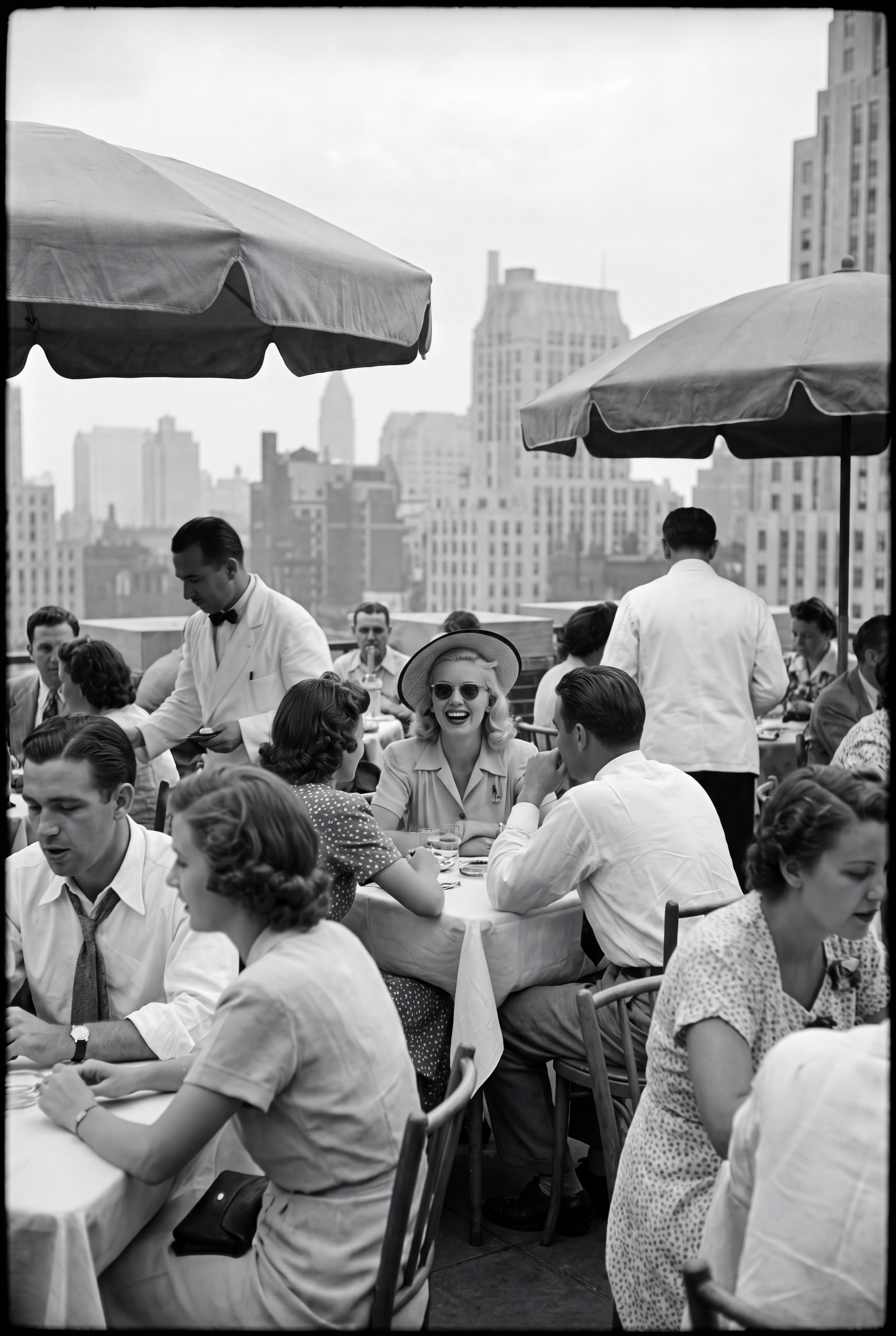 Black and white photo of people dining outdoors on a terrace with city buildings in the background. A woman in sunglasses and a hat is smiling and engaging in conversation, surrounded by waitstaff.