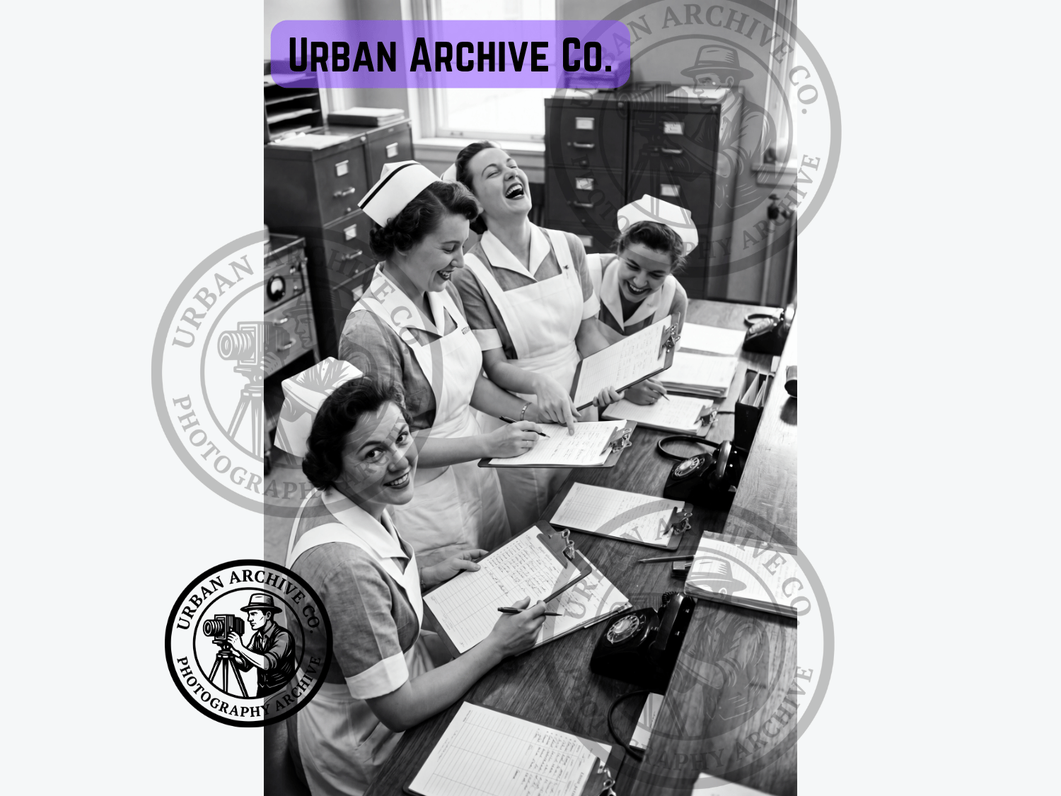 Fine Art Print - 1940s Laughing Nurses at the Reception Desk