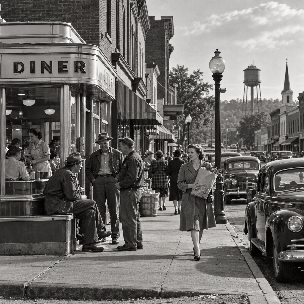 A black and white photo of a vintage street scene with people walking and chatting outside a diner, classic cars parked along the curb, and a water tower and church steeple visible in the background.