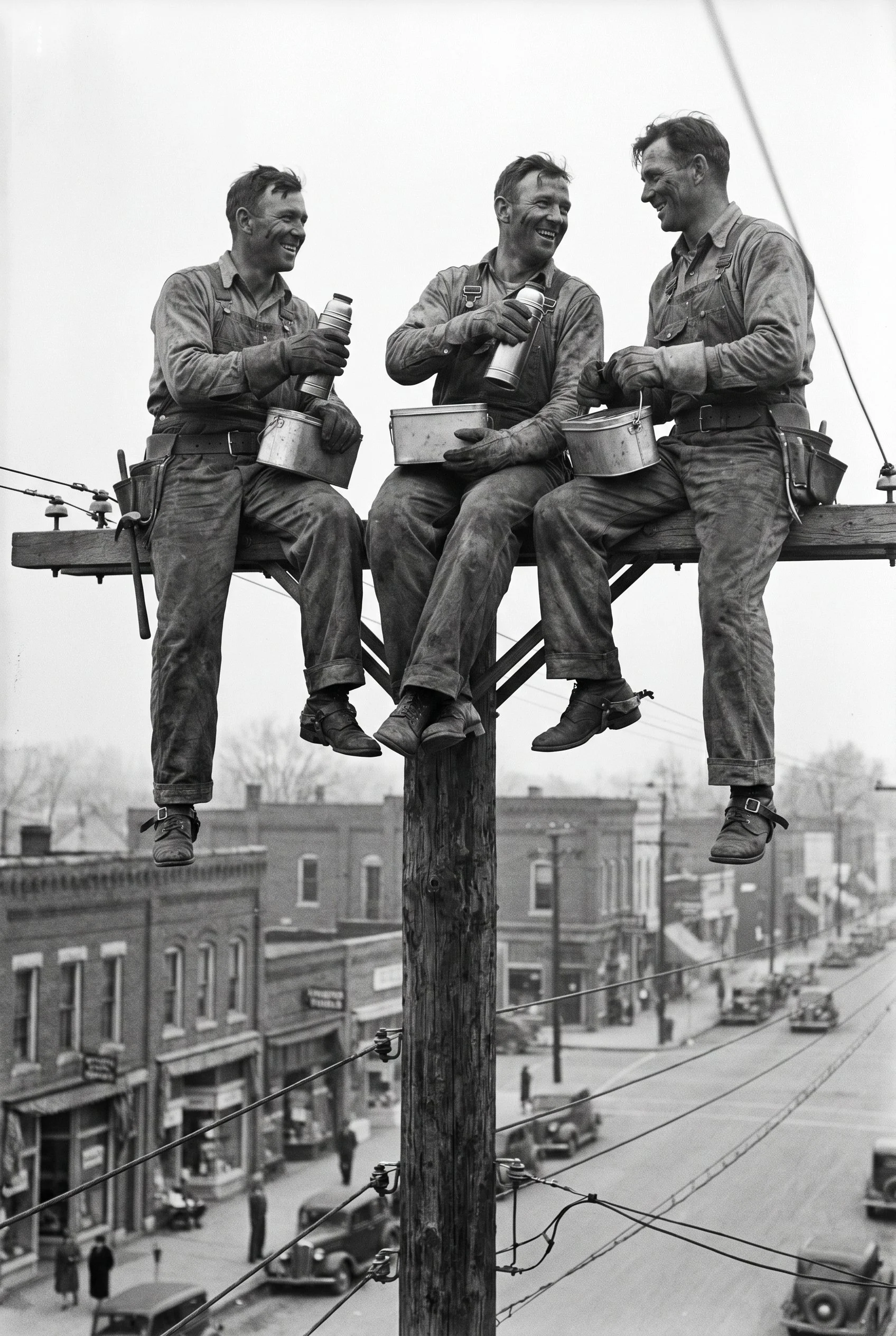 Three men in work overalls sitting on a utility pole, enjoying drinks and laughing in a town with commercial buildings and streets below.
