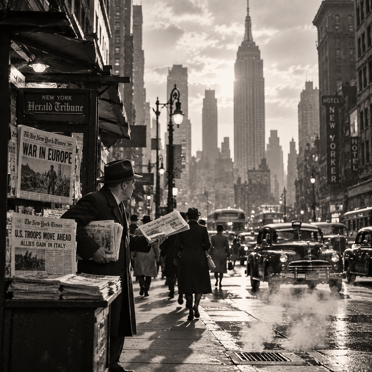 A black-and-white photo of a busy city street in New York City with the Empire State Building in the background. In the foreground, a man wearing a hat reads a newspaper at a newsstand. Several people walk on the sidewalk, and vintage cars are driving along the street.