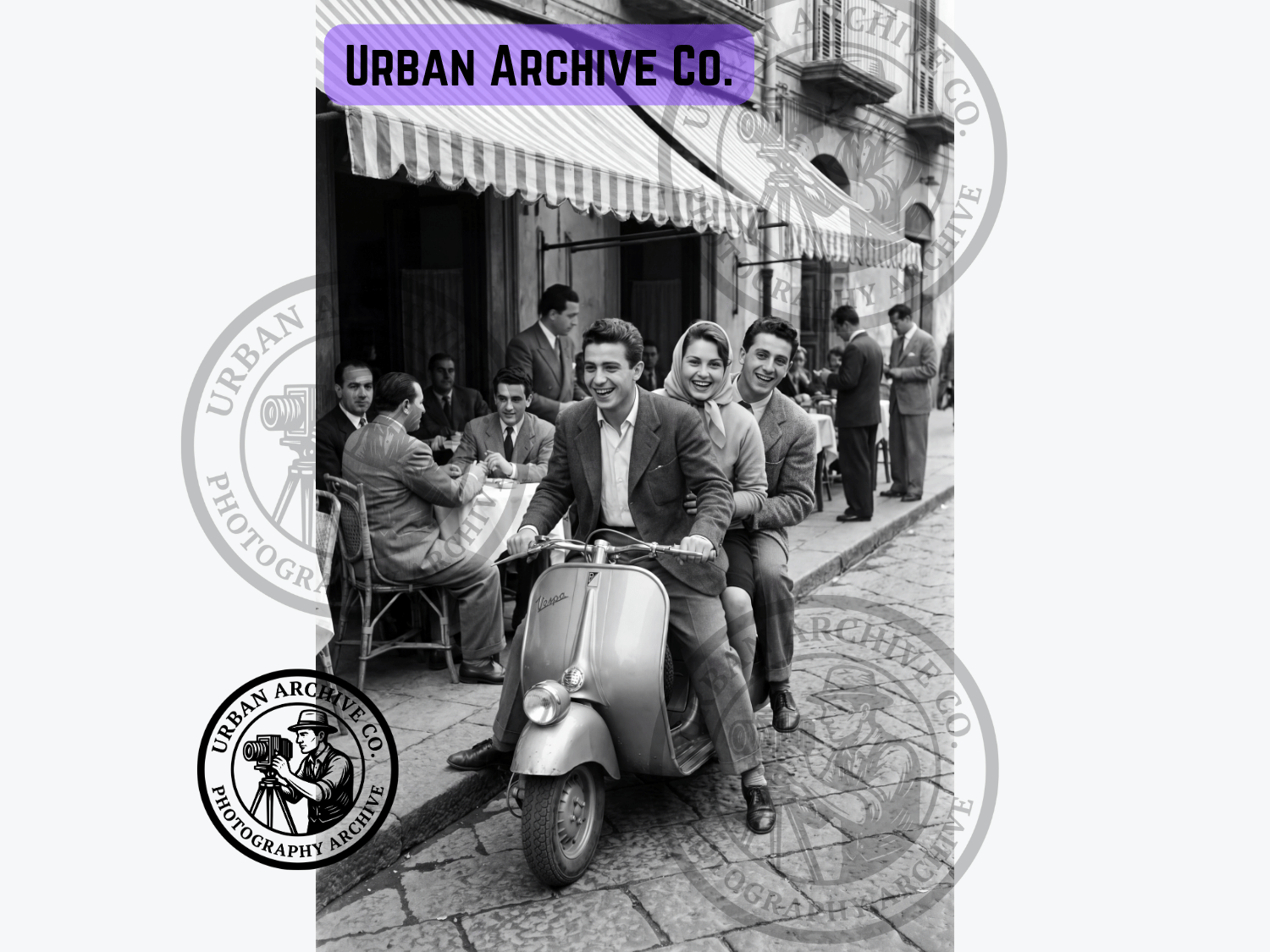 Fine Art Print - Friends on a Vespa Outside an Italian Café, 1950s
