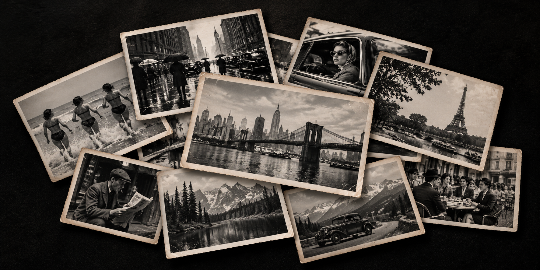 Collection of vintage black-and-white photographs depicting cityscapes, people, and landmarks including New York City, Brooklyn Bridge, the Empire State Building, the Eiffel Tower in Paris, and a mountain landscape.