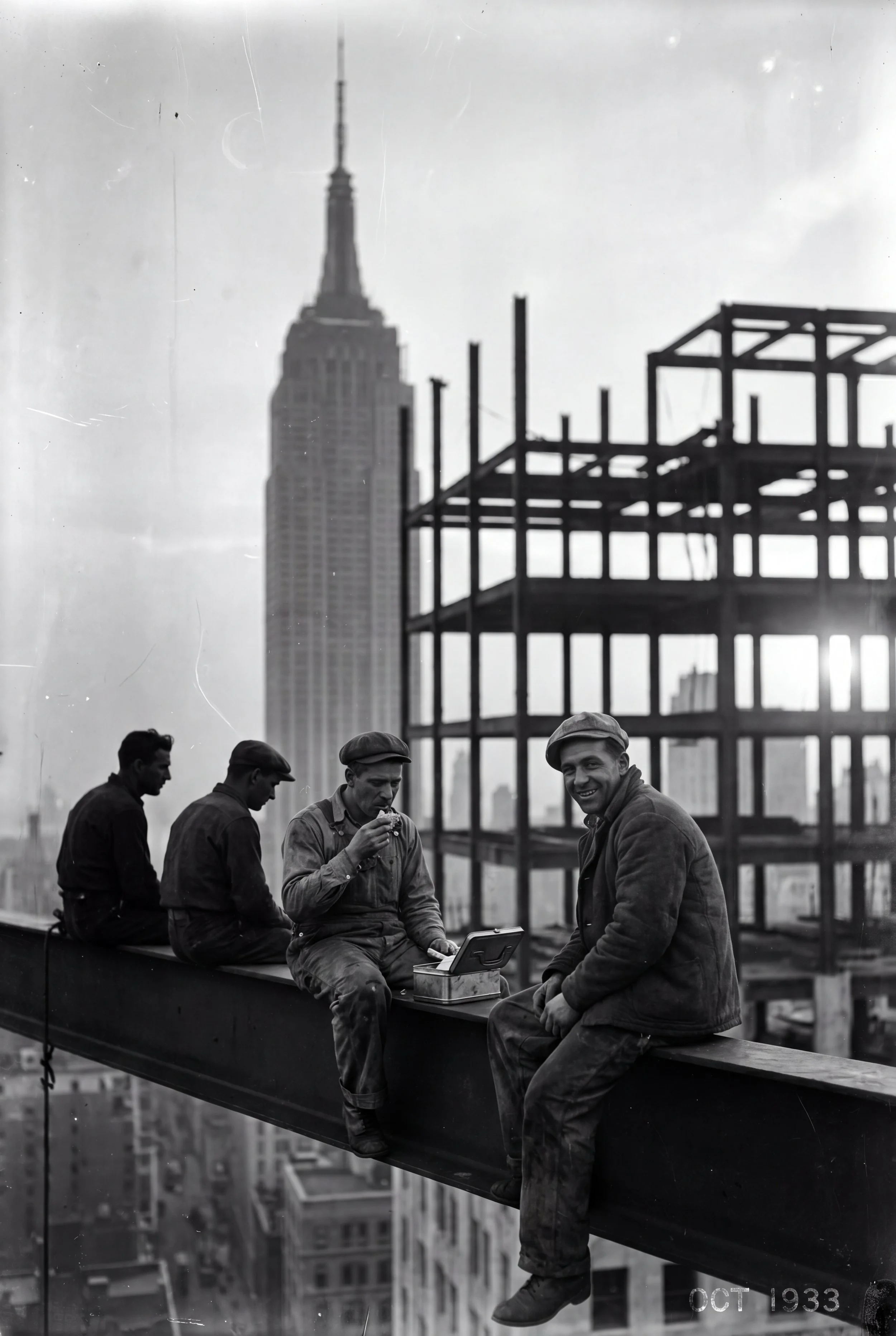 Black and white photograph of four workers sitting on a construction beam with the New York City Empire State Building in the background, dated October 1933.