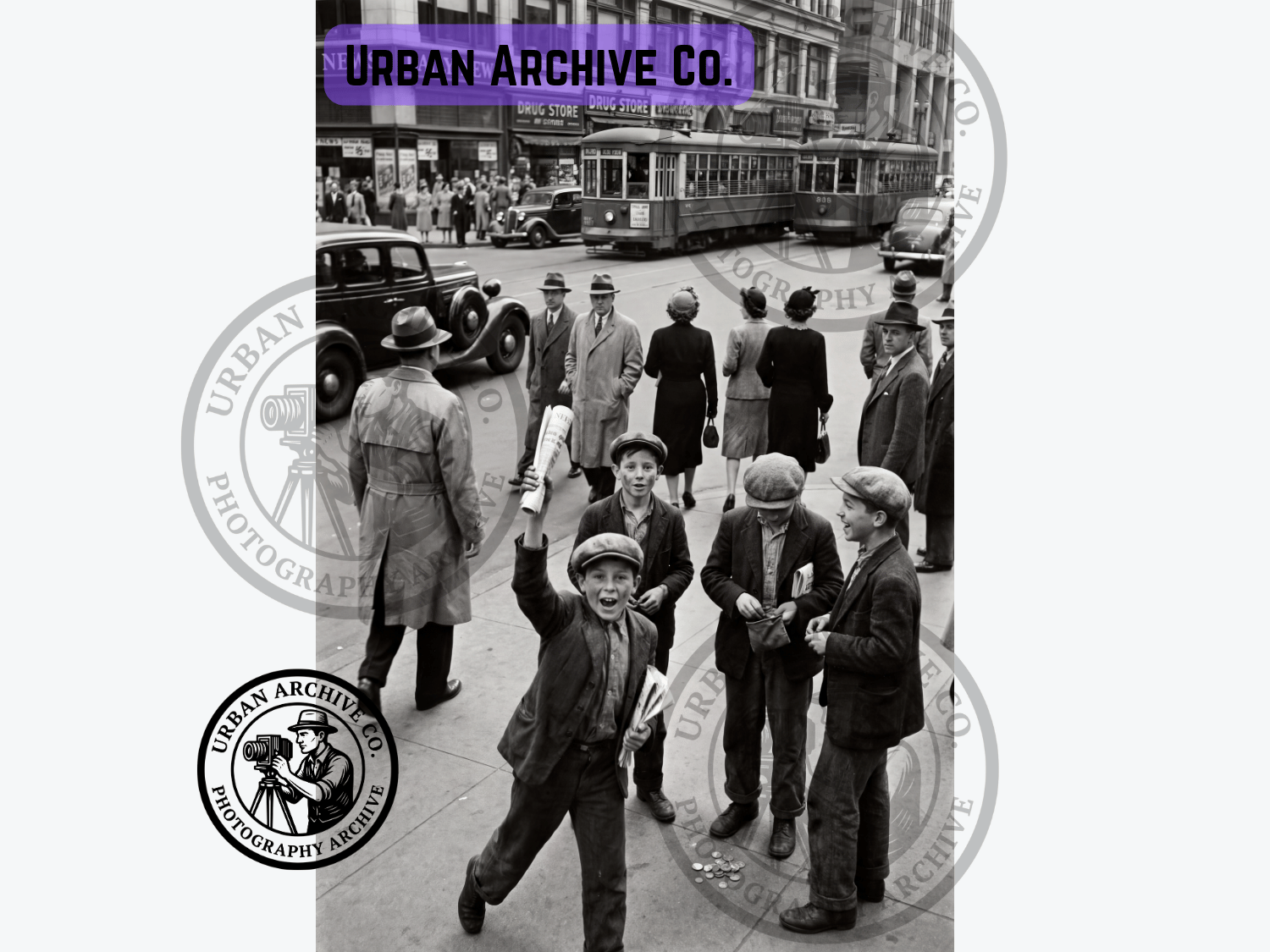Fine Art Print - Newsboys on Busy City Street, 1940s