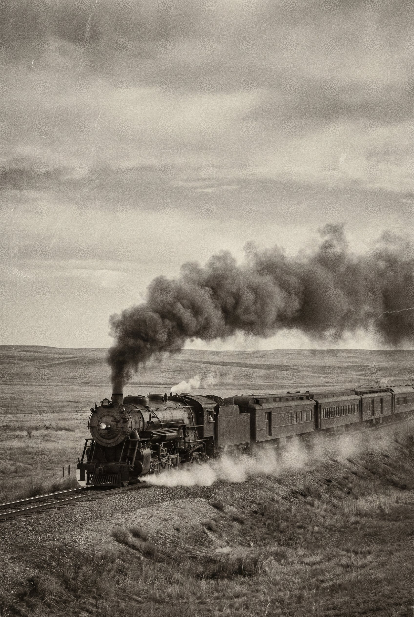 A black and white photo of a vintage steam locomotive train moving through open countryside with hills in the background, emitting a large amount of smoke from its chimney.