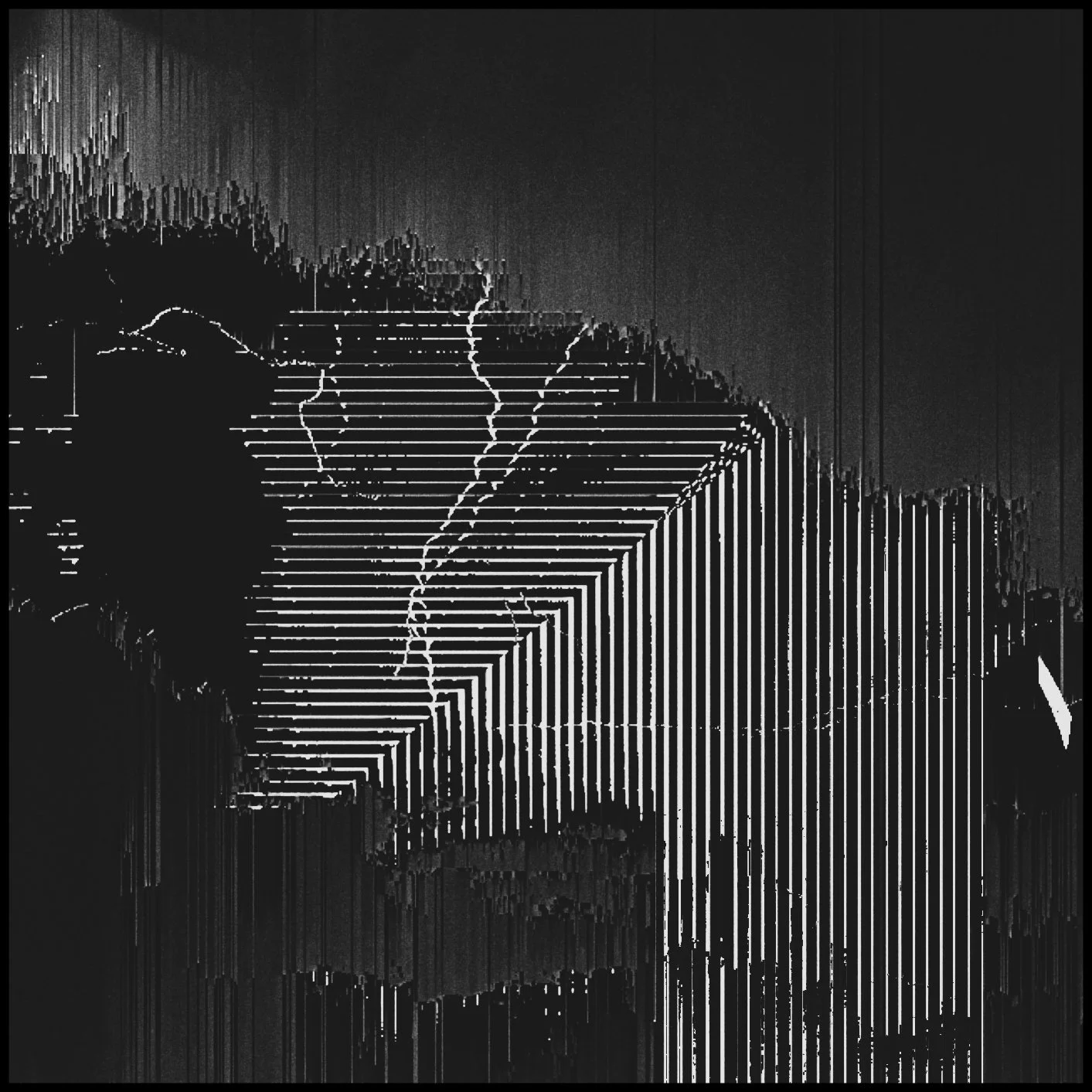 Black and white abstract digital art with horizontal and vertical lines forming geometric shapes, resembling mountains or a cityscape, with some areas appearing pixelated or glitchy.