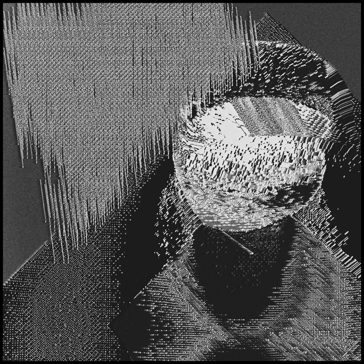 A black and white digital distorted image of a person holding a wine glass in front of their face, with the face partially obscured by digital glitch effects.