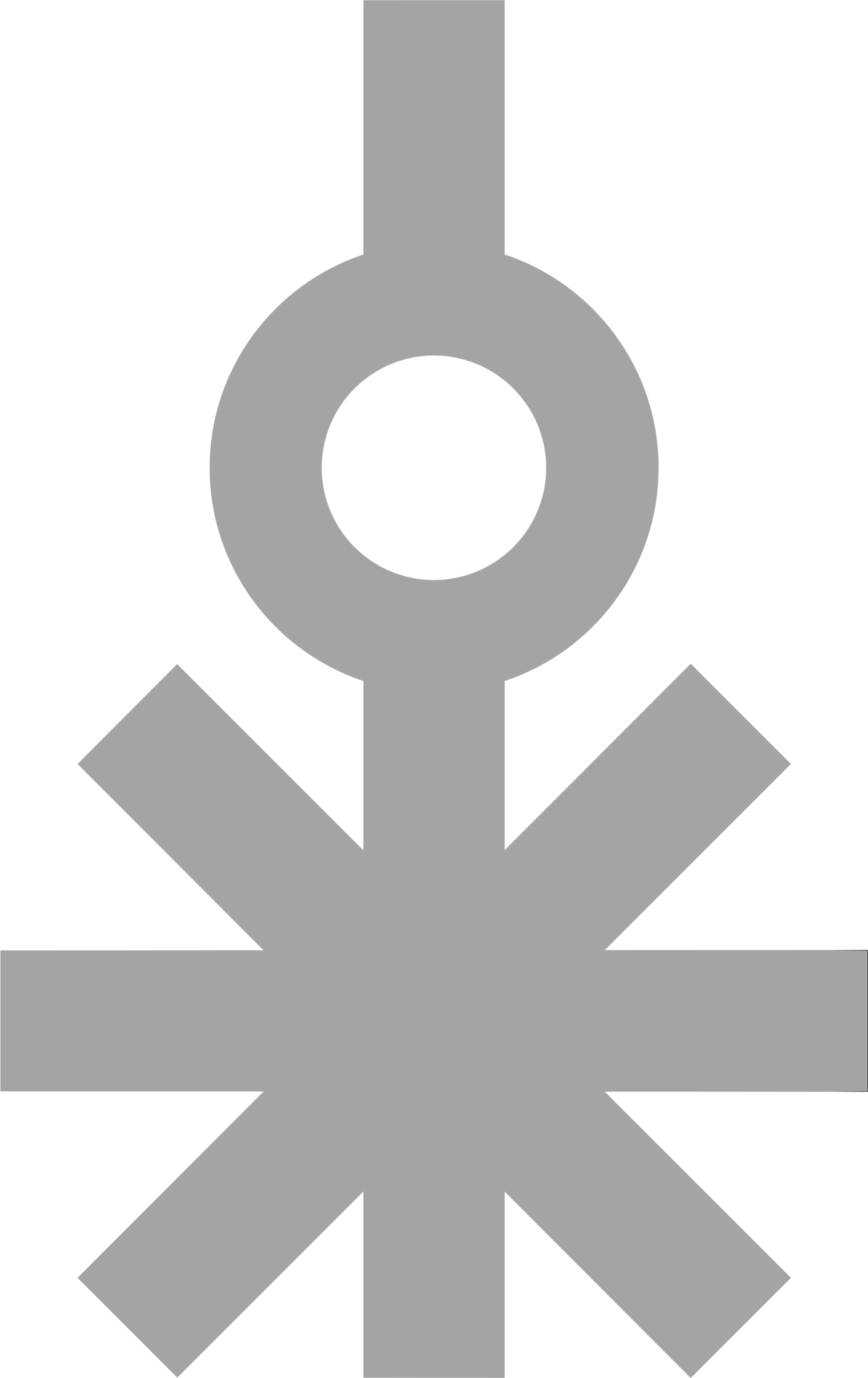 Gray ribbon with a circular center and four cutout arrow shapes pointing outward, set against a black background.