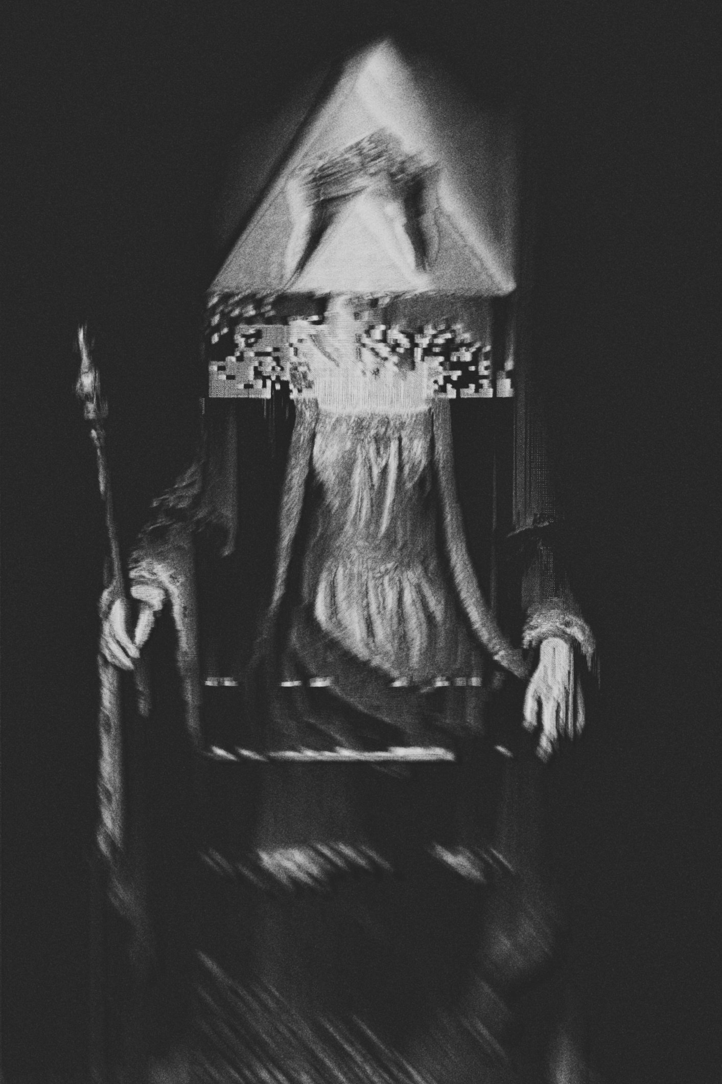 A person dressed as a witch with a pointed hat and long cloak, holding a broomstick, standing in front of a decorated pumpkin carving with pixelated shapes, in a dimly lit, spooky setting.