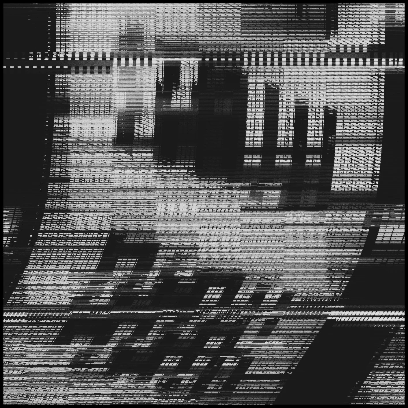 Abstract black and white digital art with horizontal and vertical lines, grid patterns, and glitch effects resembling a distorted cityscape or digital screen.