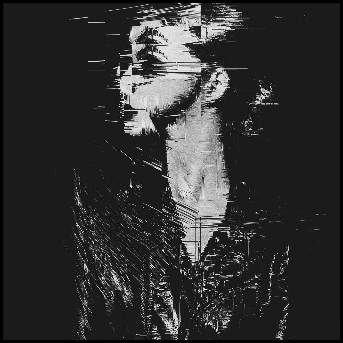 A black and white abstract digital artwork depicting a woman's face partially visible with her eyes and nose, created with glitch art effects and horizontal streaks. The background is dark, emphasizing the fragmented, distorted appearance of her face.