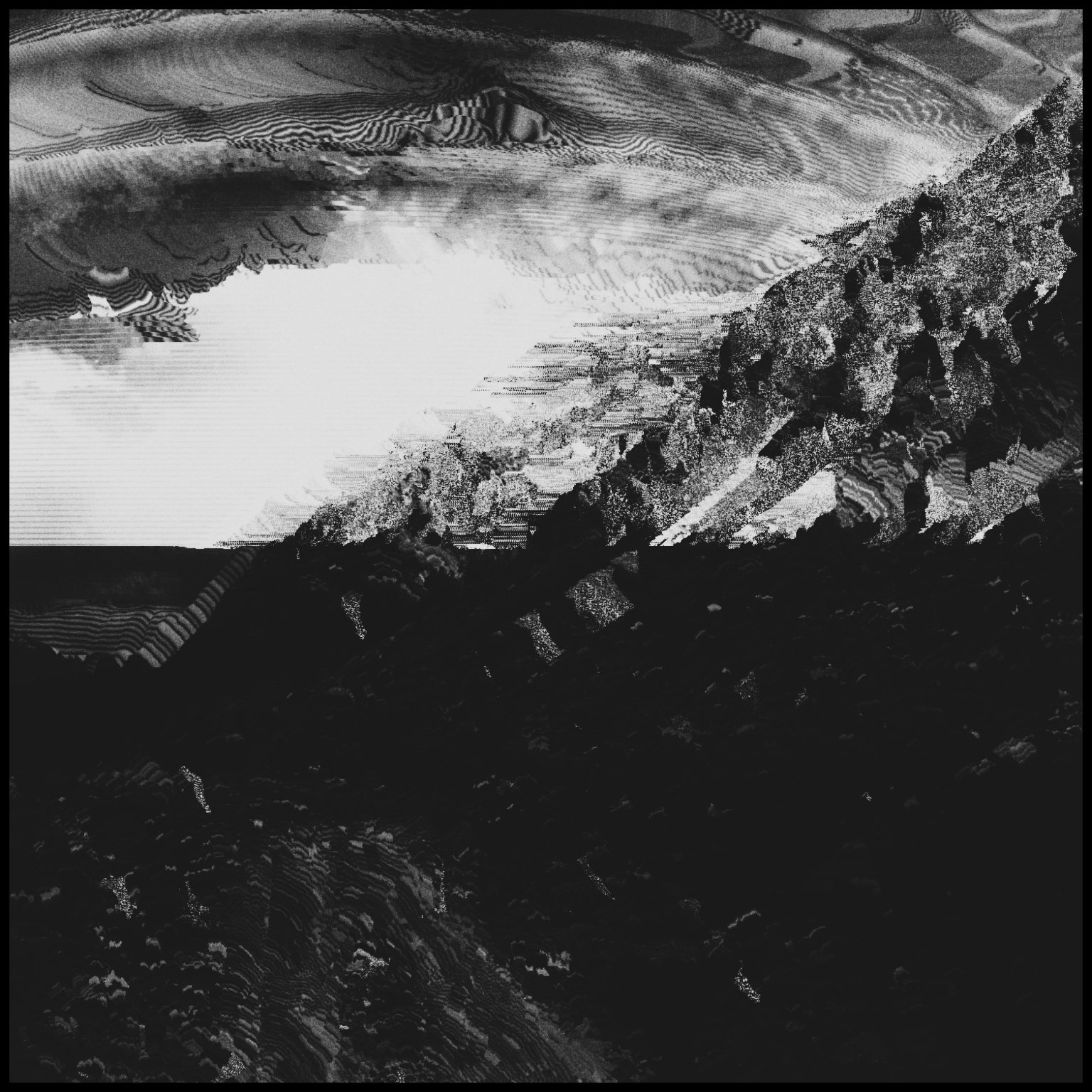 Black and white abstract image with textured patterns and a vague silhouette of a person in the center.
