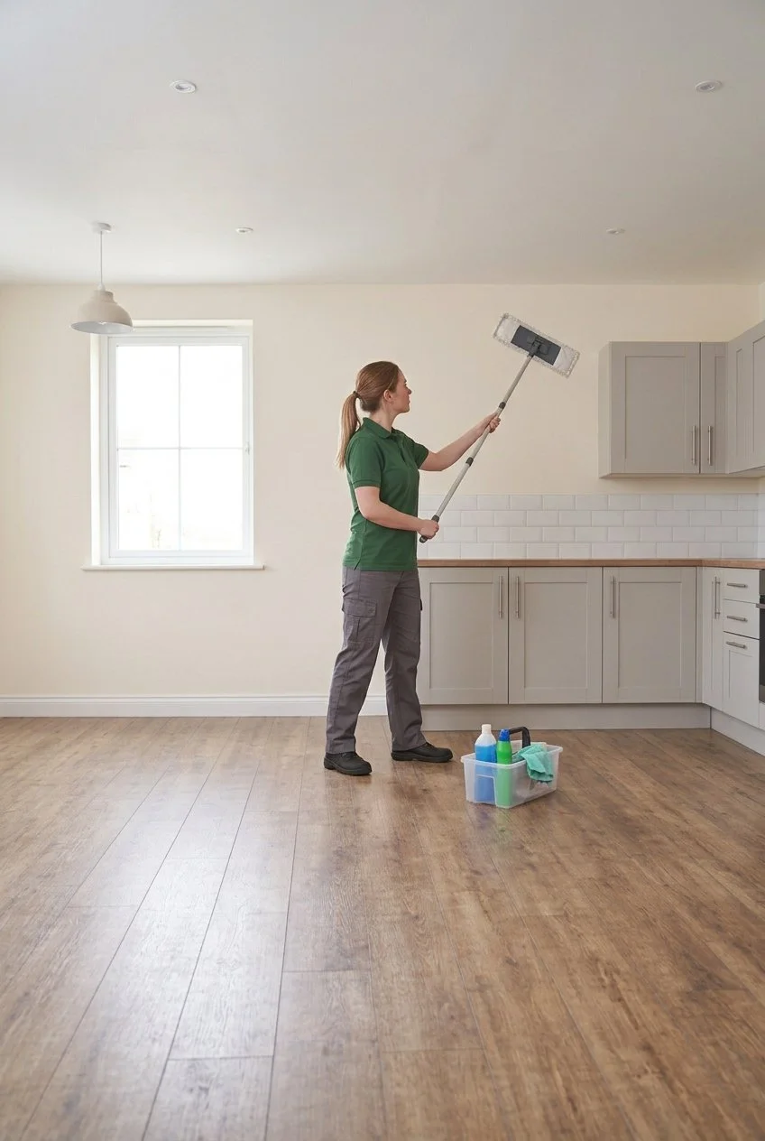 A woman in a green shirt and gray pants cleaning a wooden floor with a mop in a brightly lit kitchen.