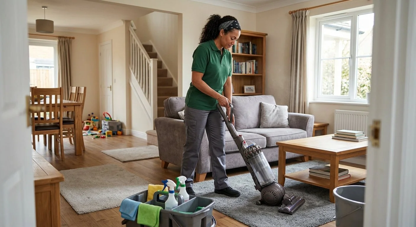 A woman is vacuuming a living room with a gray couch, wooden coffee table, and a bookshelf. She is wearing a green shirt and gray pants. Cleaning supplies are in a basket nearby.