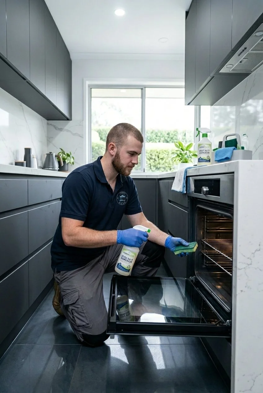A man kneeling in a modern kitchen cleaning the oven with a spray bottle and a sponge, wearing gloves.