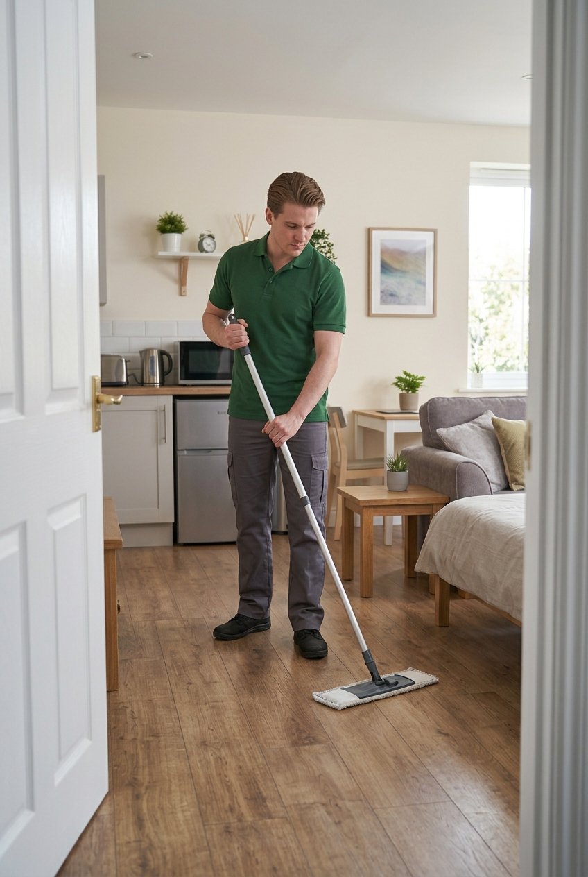 A man mops the wooden floor of a living room in a home.