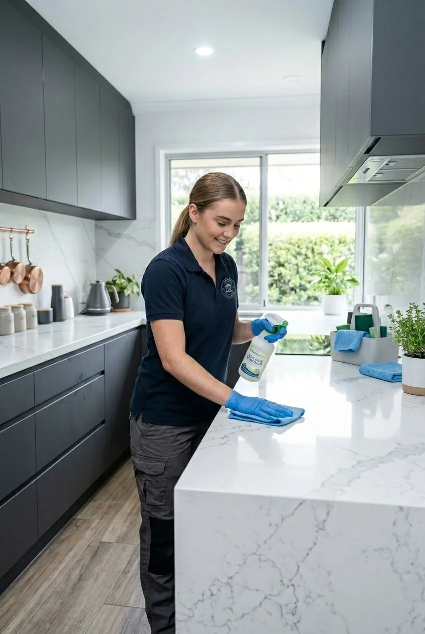 A woman in a navy blue uniform and blue gloves cleaning a kitchen countertop with a spray bottle and a cloth.