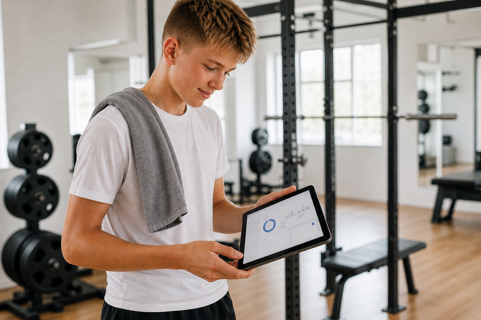 Ung mand i træningscenter, der kigger på tablet med træningsdata, med håndklæde over skulderen.
