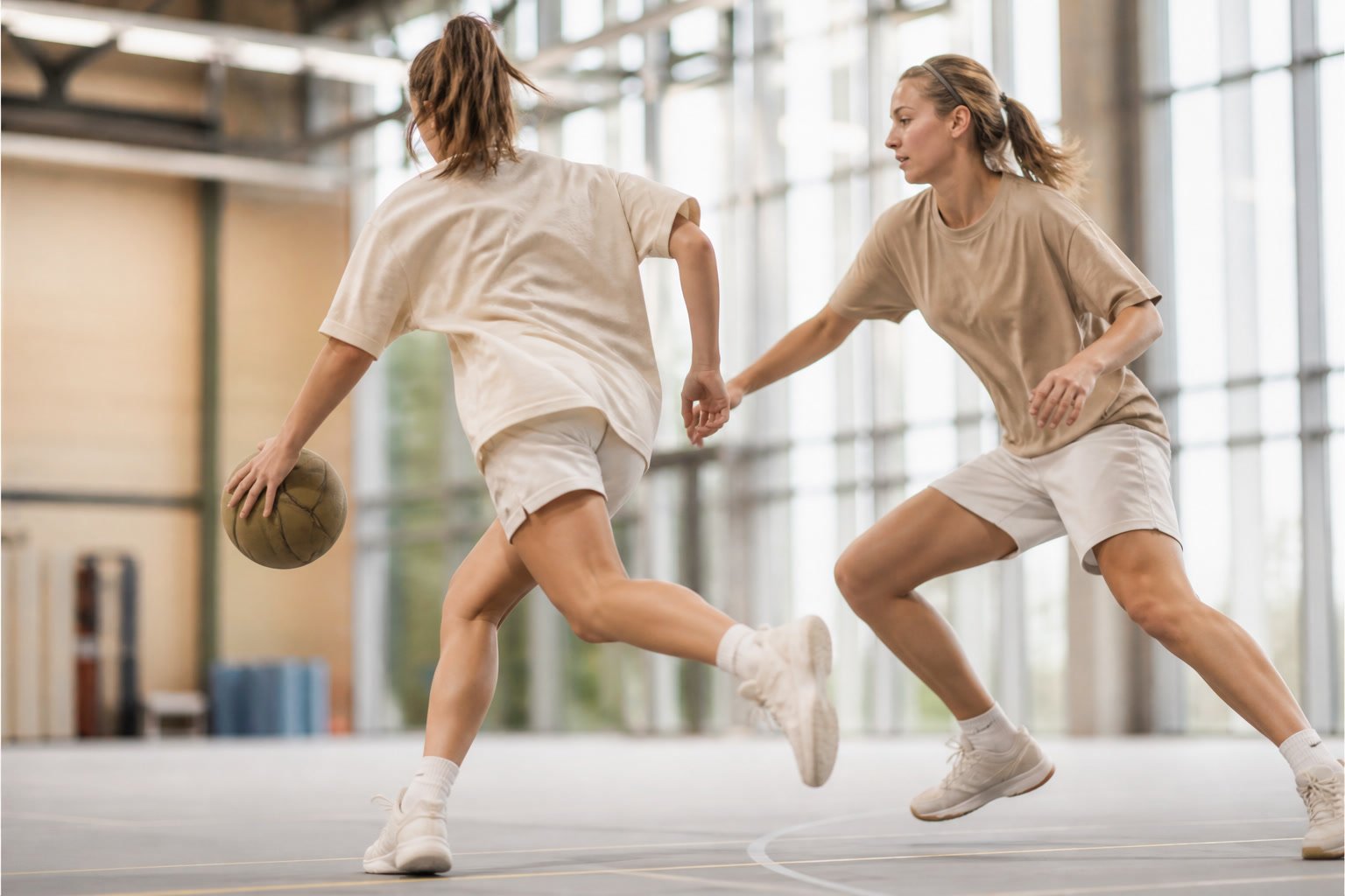 To unge kvinder spiller basketball indendørs.