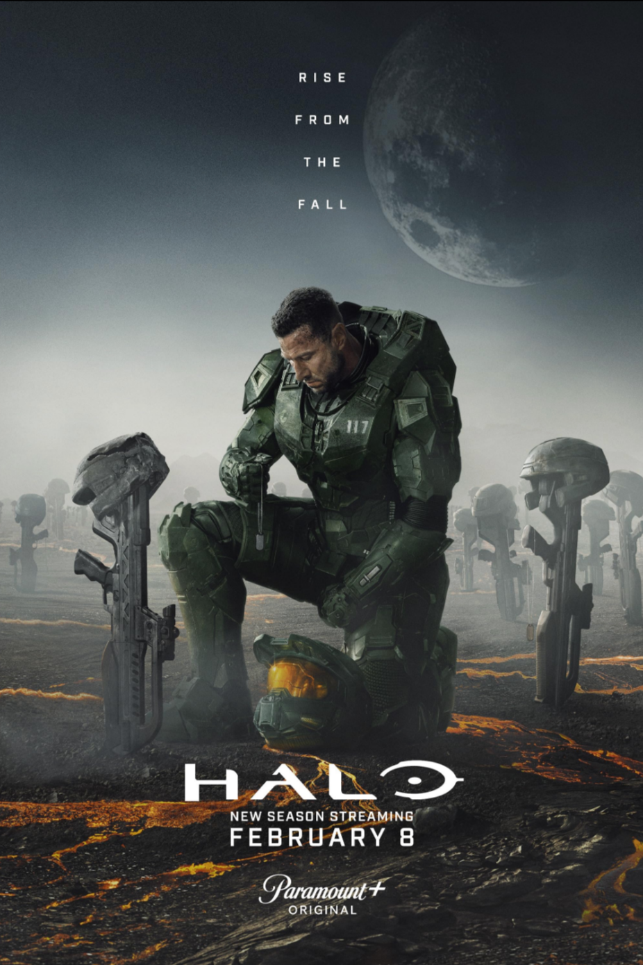 Promo poster for the TV series Halo featuring a soldier kneeling with a helmet on the ground, surrounded by war helmets, with the moon and a dark sky in the background. Text includes "Rise from the Fall," "Halo," and information about new season streaming on February 8 on Paramount+.