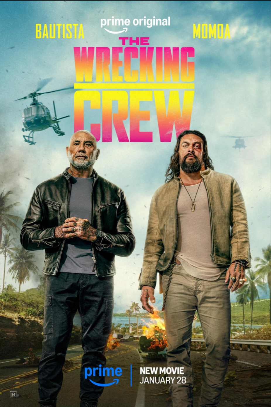 Promotional poster for the movie "The Wrecking Crew" featuring two men standing in front of a damaged highway with helicopters flying in the background. The poster includes the titles "Bautista" and "Momoa," and indicates the movie is available on Prime Video starting January 28.