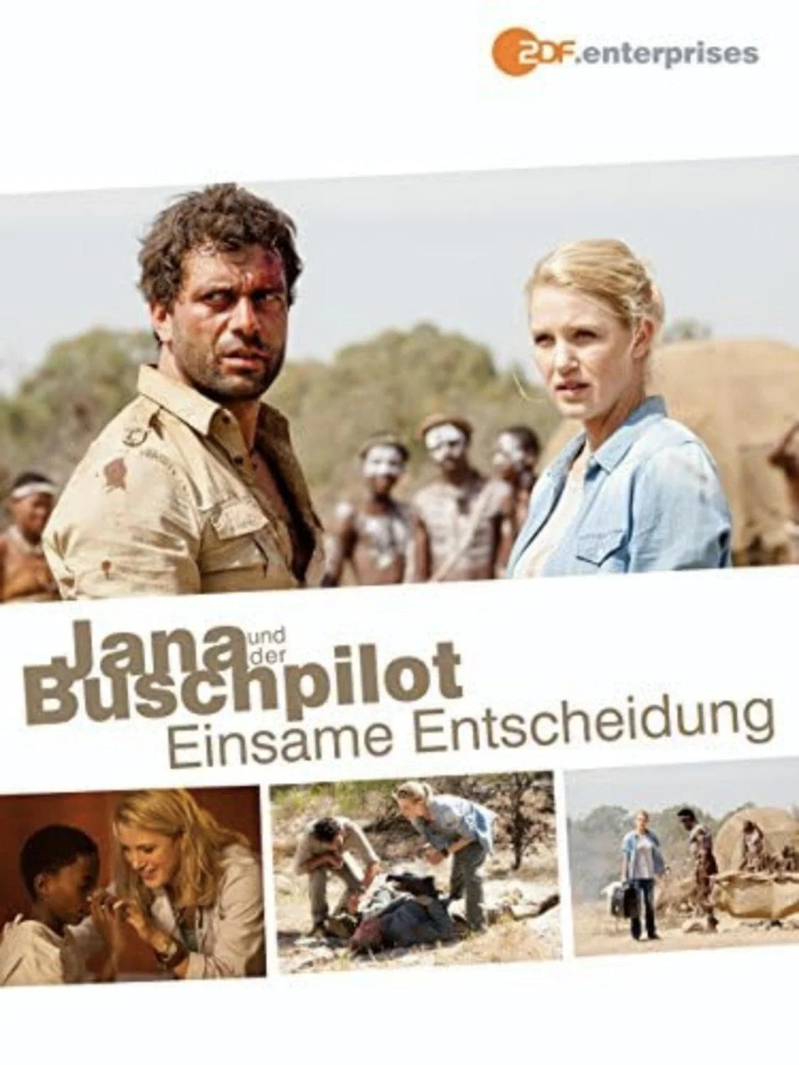 Poster for the movie 'Jana und der Buschpilot,' showing two main characters, a man and a woman, in a rural outdoor setting with indigenous people in the background, and smaller images of rescue scenes and a group of people in a desert environment.