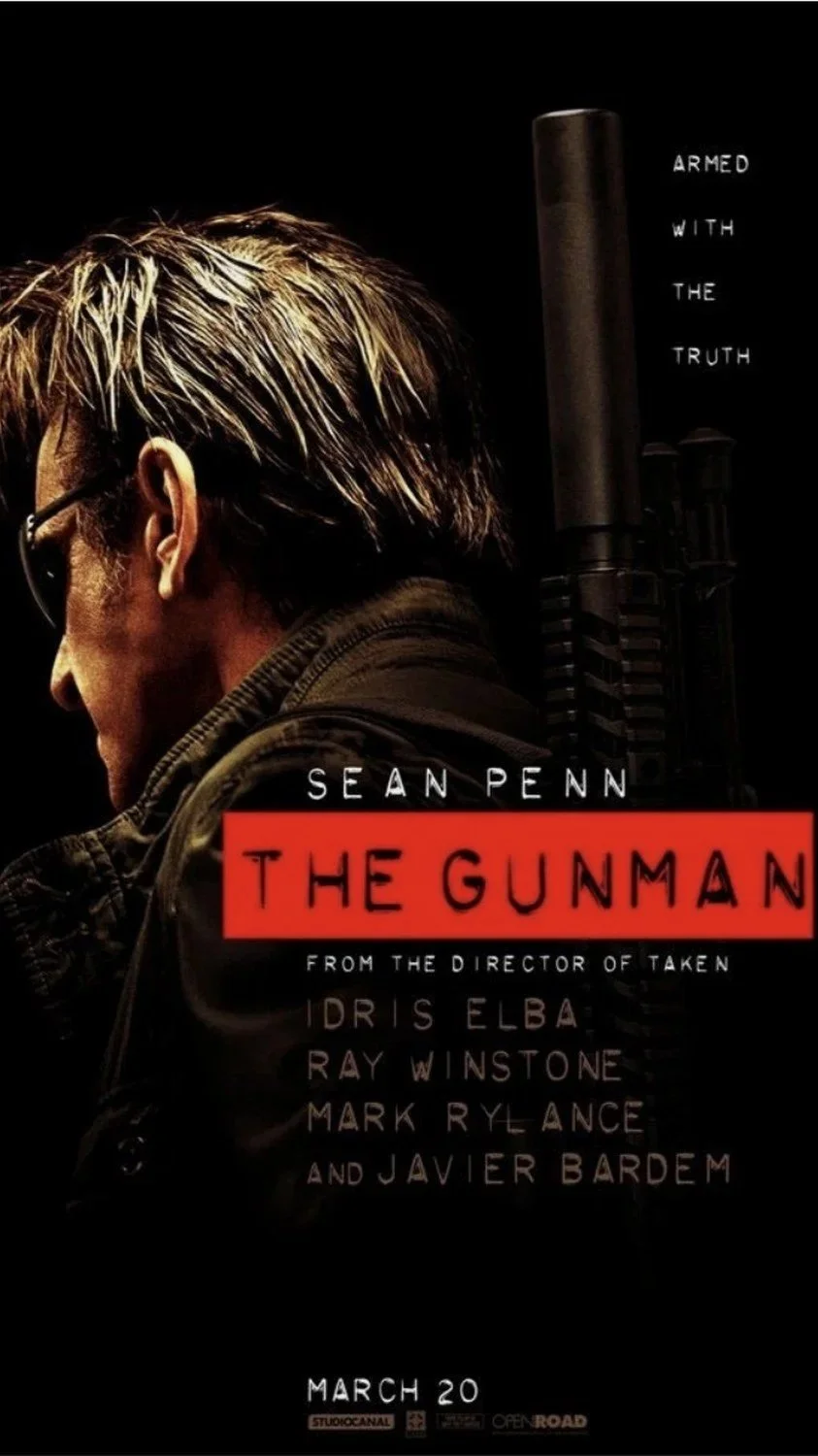 Film poster for 'The Gunman' featuring Sean Penn's profile with a rifle behind his head, dark background, and text about the movie release on March 20.
