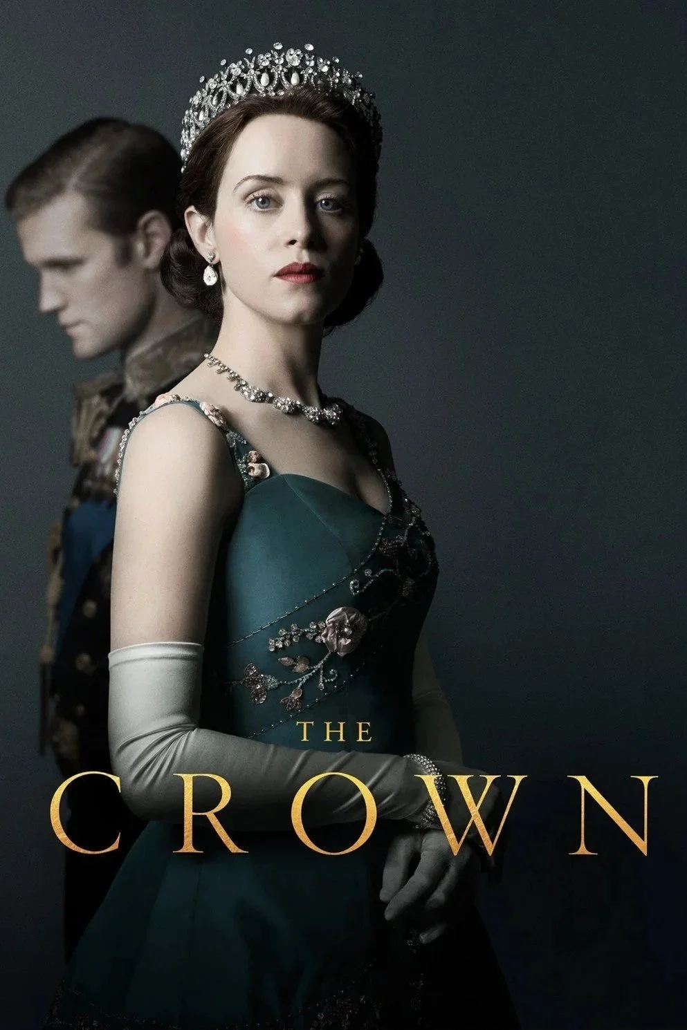 Promotional poster for the series "The Crown" featuring a woman wearing a tiara, elegant jewelry, and a green dress, with a blurred man in historical attire in the background.