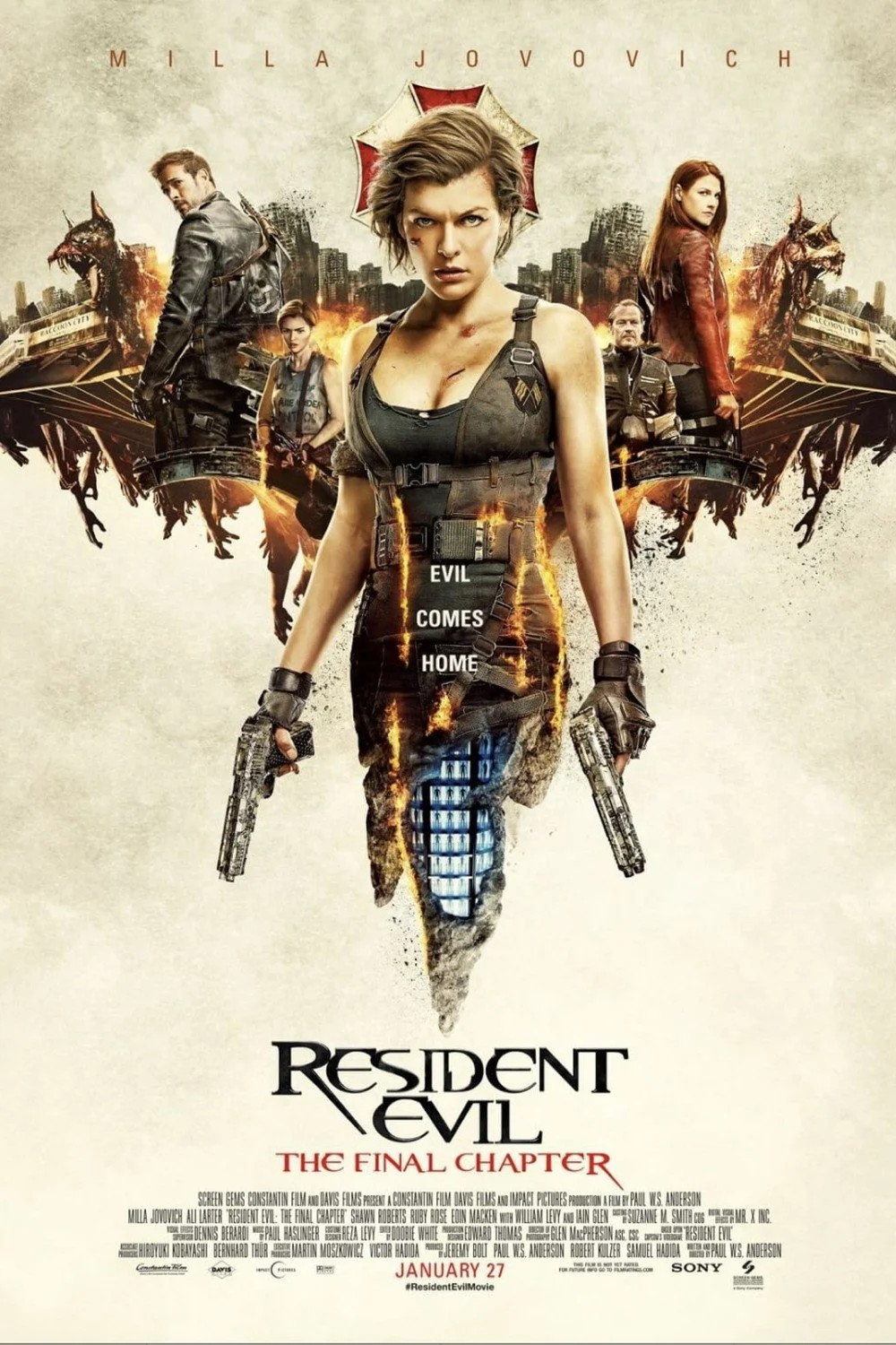 Movie poster for Resident Evil: The Final Chapter featuring characters with guns, a cityscape, and dragon-like creatures in the background.