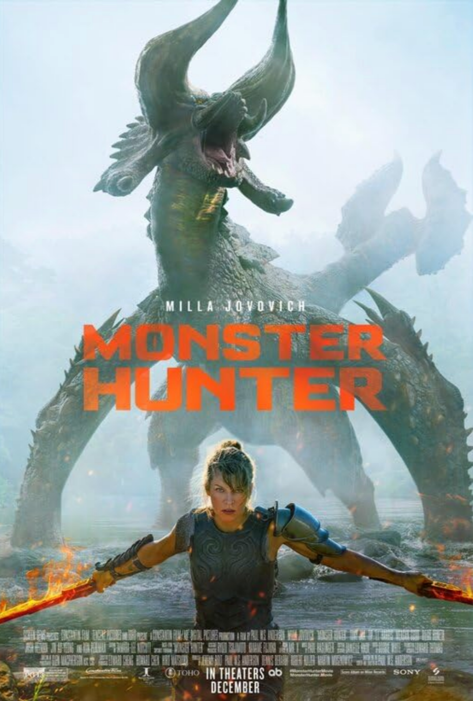 Movie poster for 'Monster Hunter' showing a woman in armor with a fiery weapon standing knee-deep in water, with a large, flying dragon in the background.