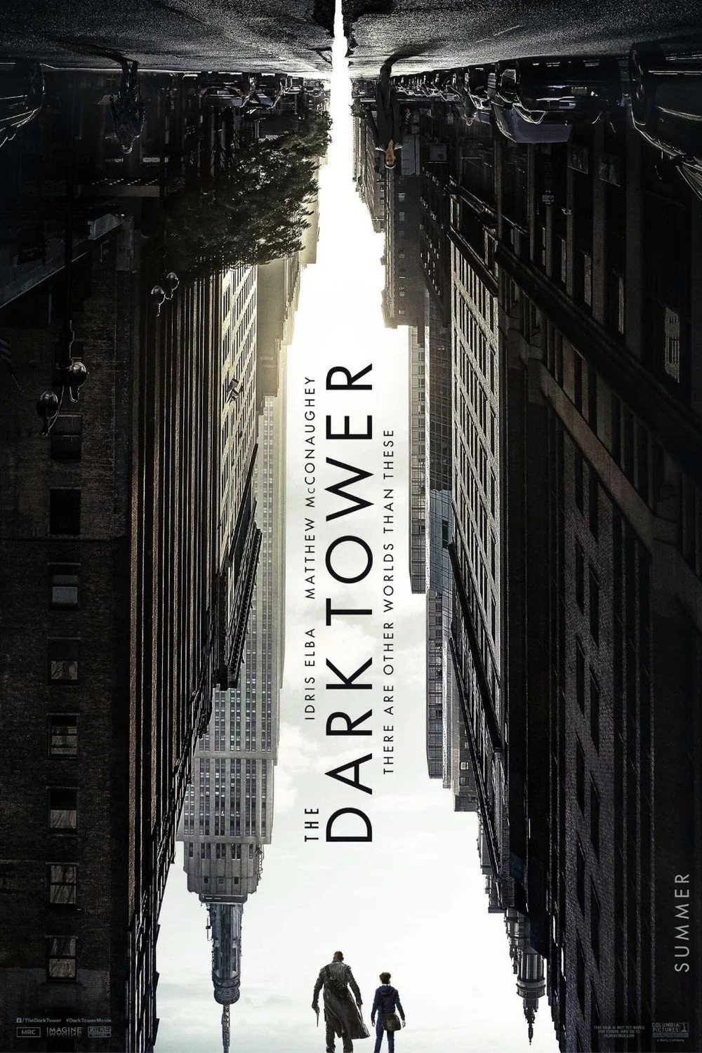 The Dark Tower movie poster with a cityscape upside down and a man and child walking towards the horizon.