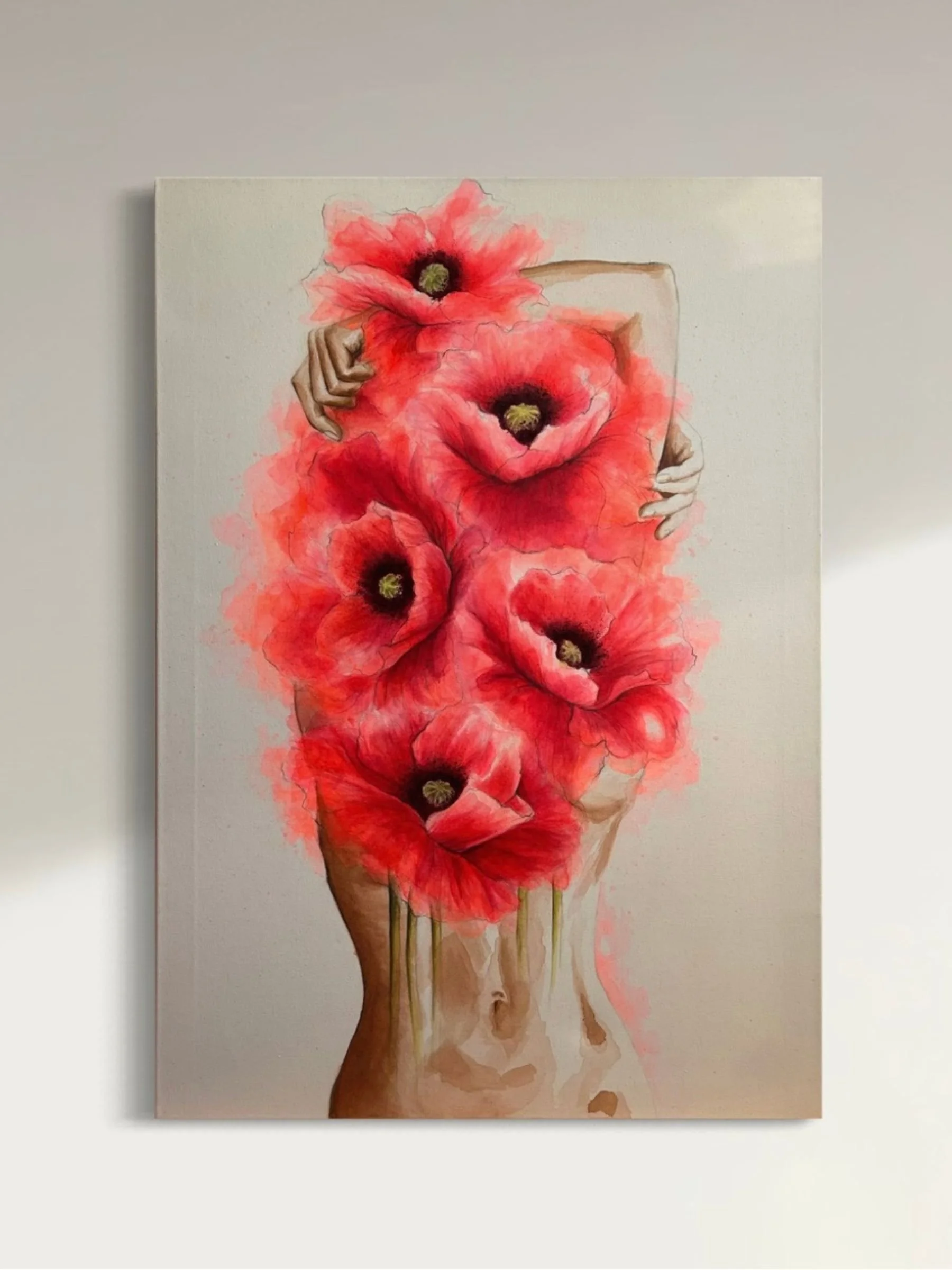 Kunstwerk Acryl auf Leinwand, eine Frau im Blütenkleid aus rot-orangenen Mohnblumen