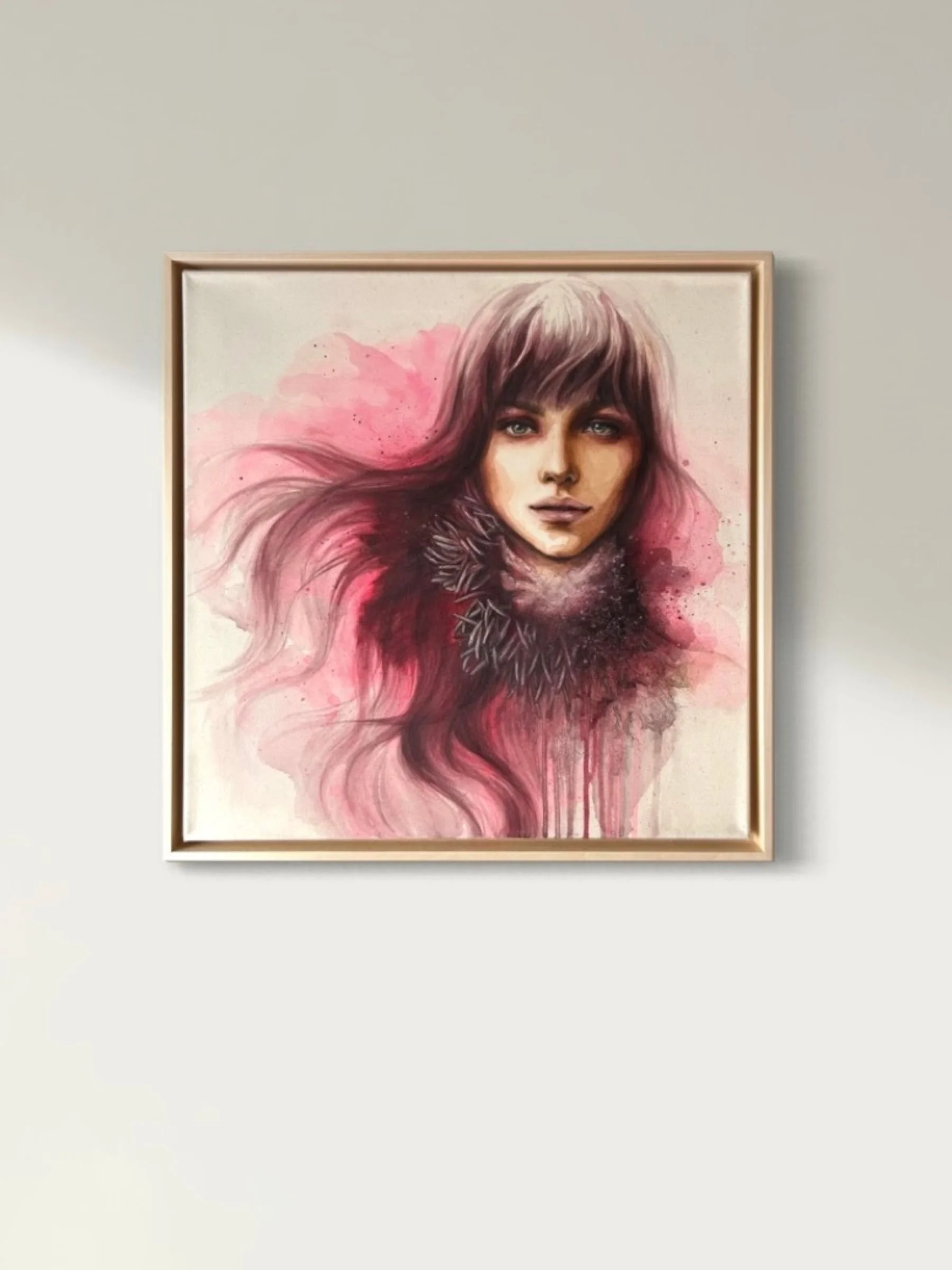 Acrylmalerei ein Frauenportrait mit melancholischem Gesichtsausdruck in kräftigen pink und fuchsia Farbtönen im Haar mit abstrahierten Mohnblumen