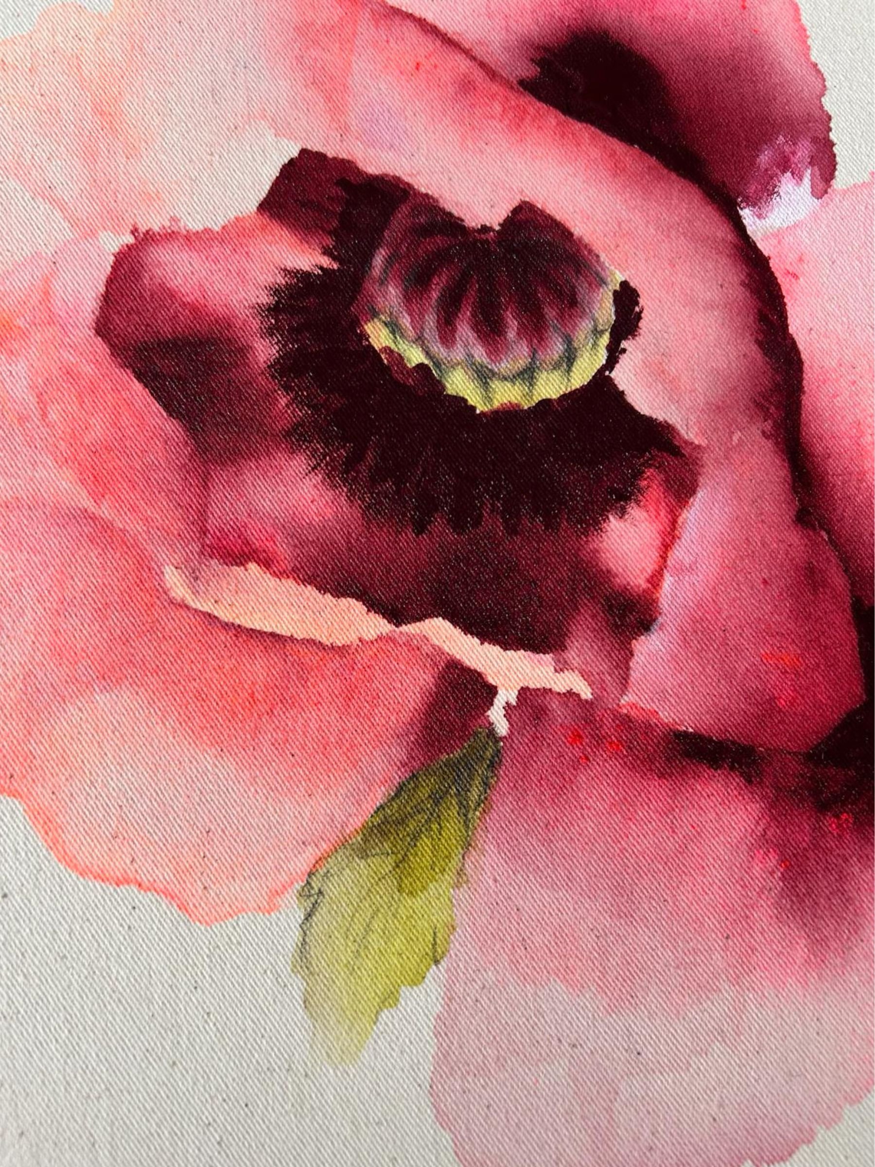 Acrylmalerei in aquarelligem Malstil, Mohnblume in neon orange-pink