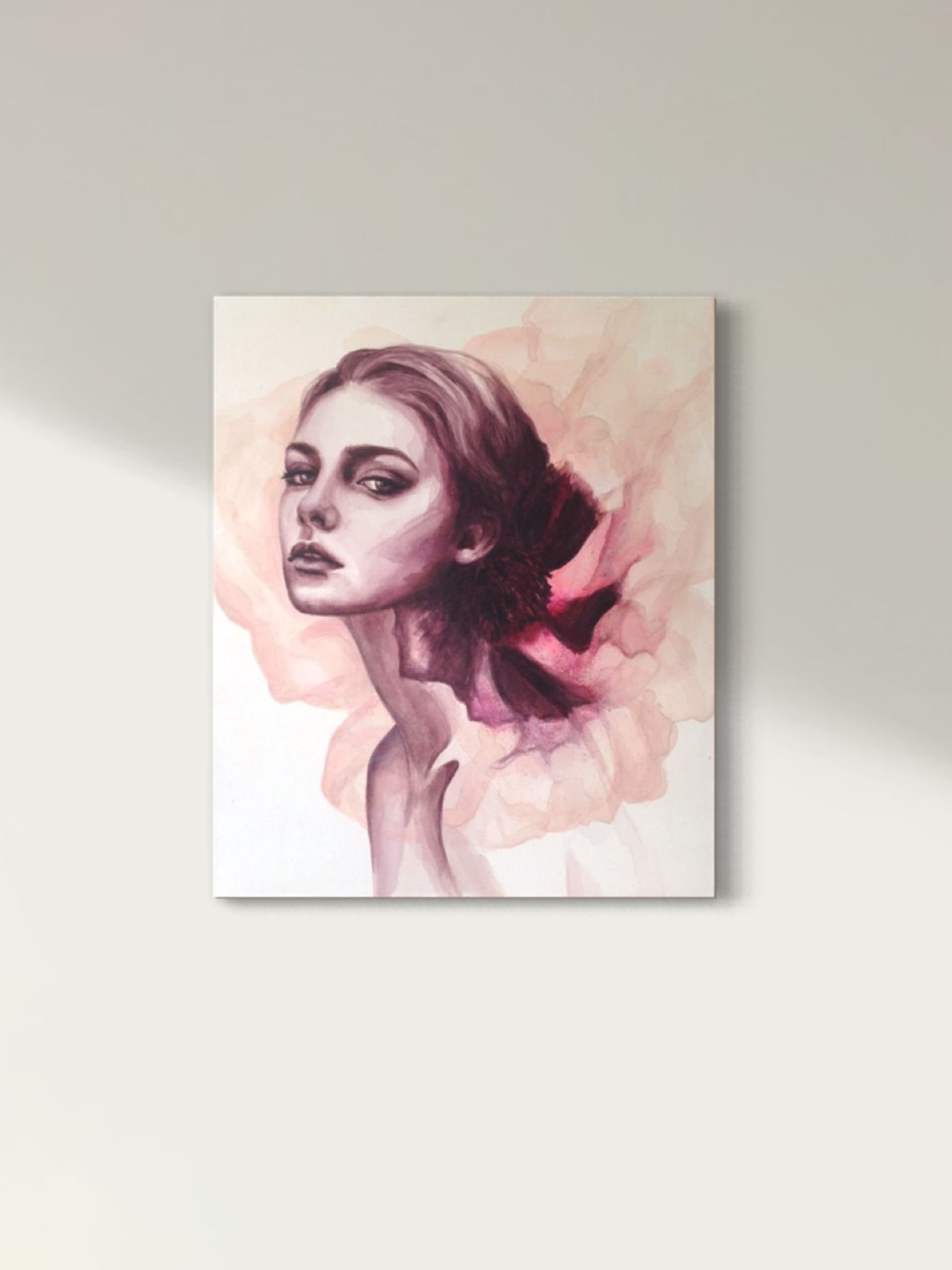 Acrylmalerei ein Frauenportrait mit melancholischem Gesichtsausdruck in kräftigen pink und fuchsia Farbtönen im Kleid mit abstrahierten Mohnblumen