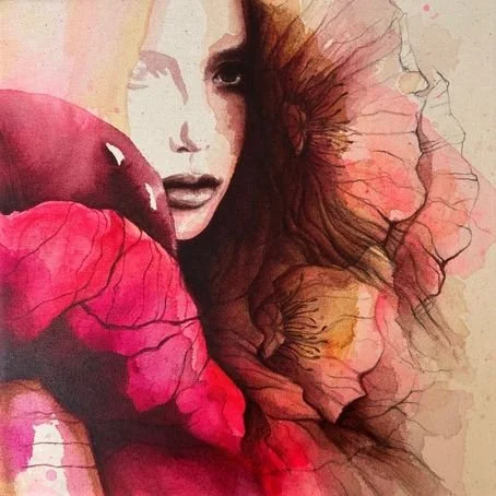 Acrylmalerei-Kunstwerk-Frauen-Portrait-Blumen-Mohnblume-Kunst-Mischa-Sugar