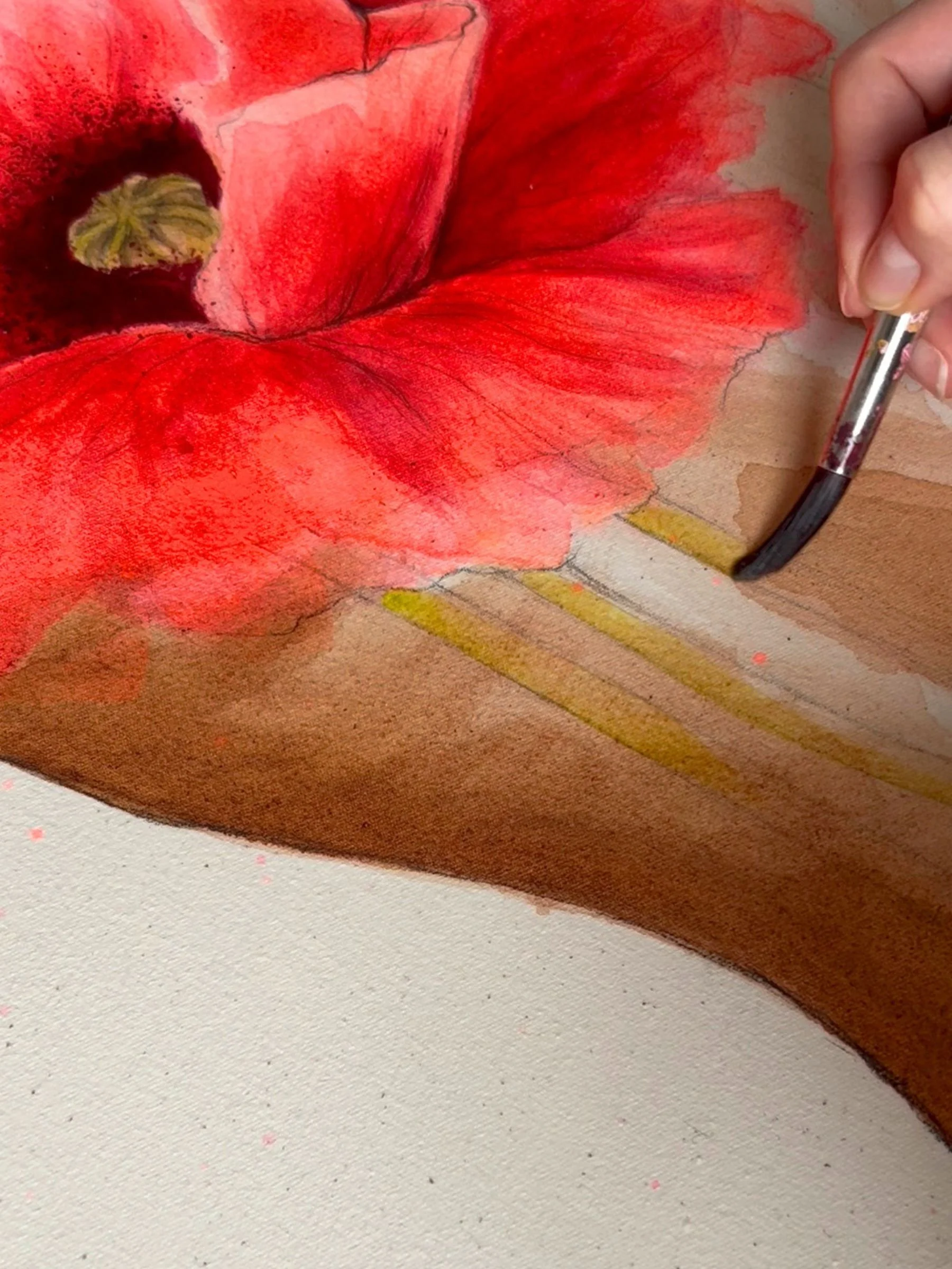 Acrylmalerei Frauen und Mohnblumen in kräftigen orangerot