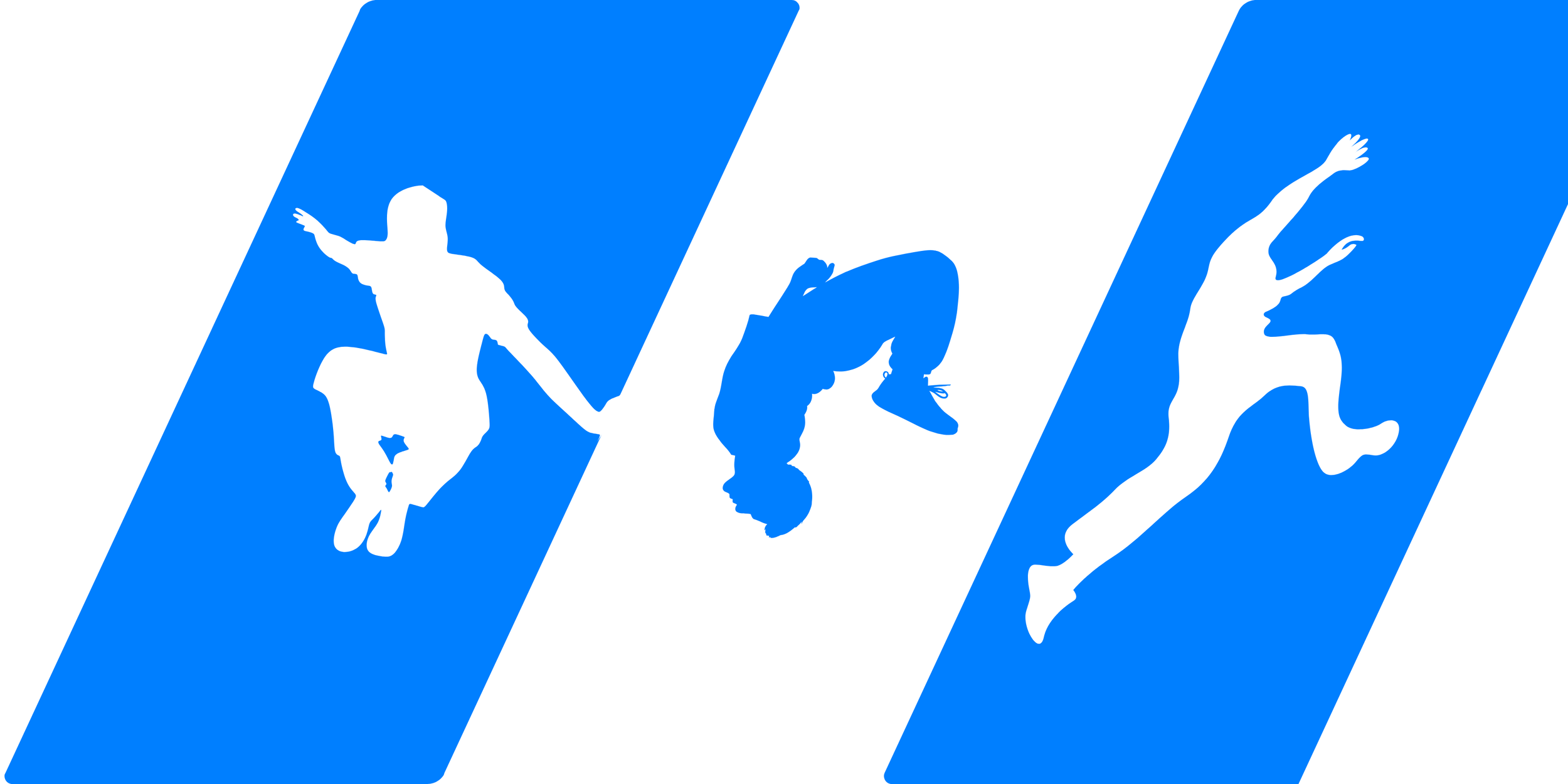 Blue-and-white graphic featuring three stylized silhouettes of parkour athletes performing acrobatic poses.