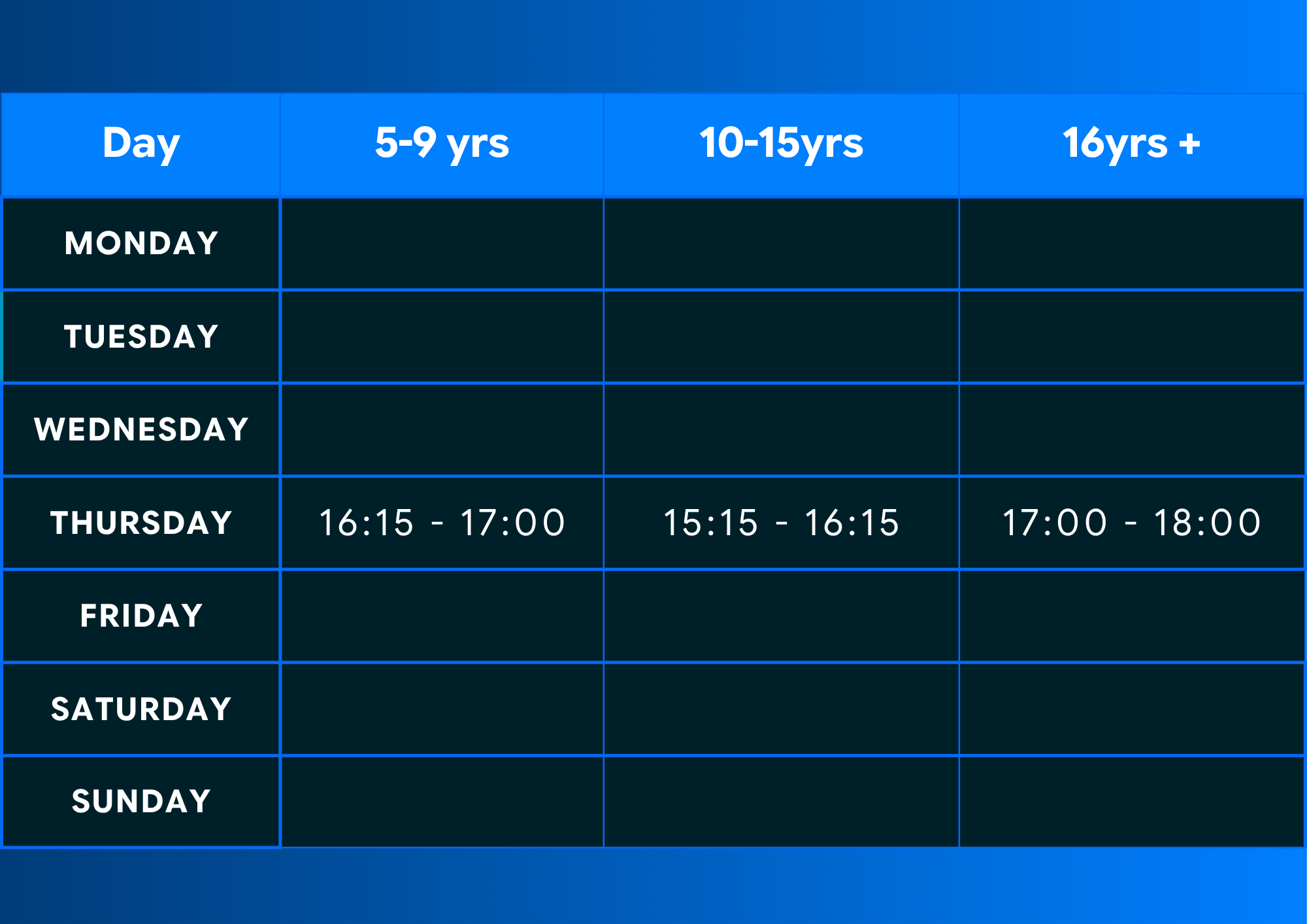 Weekly functional class schedule table for age groups 5–9, 10–15, and 16+, showing Thursday times: 4:15–5:00 PM, 3:15–4:15 PM, and 5:00–6:00 PM.