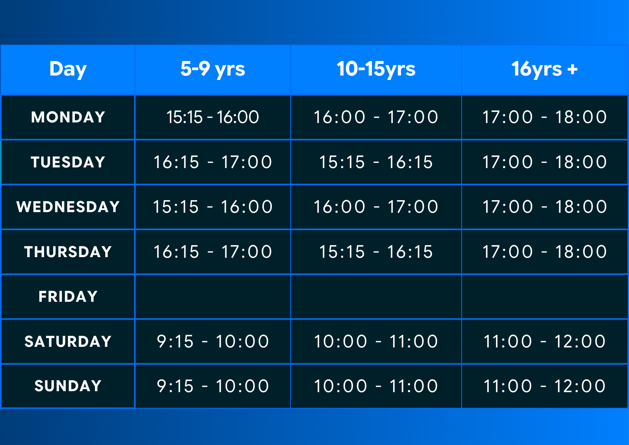 Weekly parkour schedule table showing time slots for ages 5–9, 10–15, and 16+ from Monday through Sunday, with Friday blank.