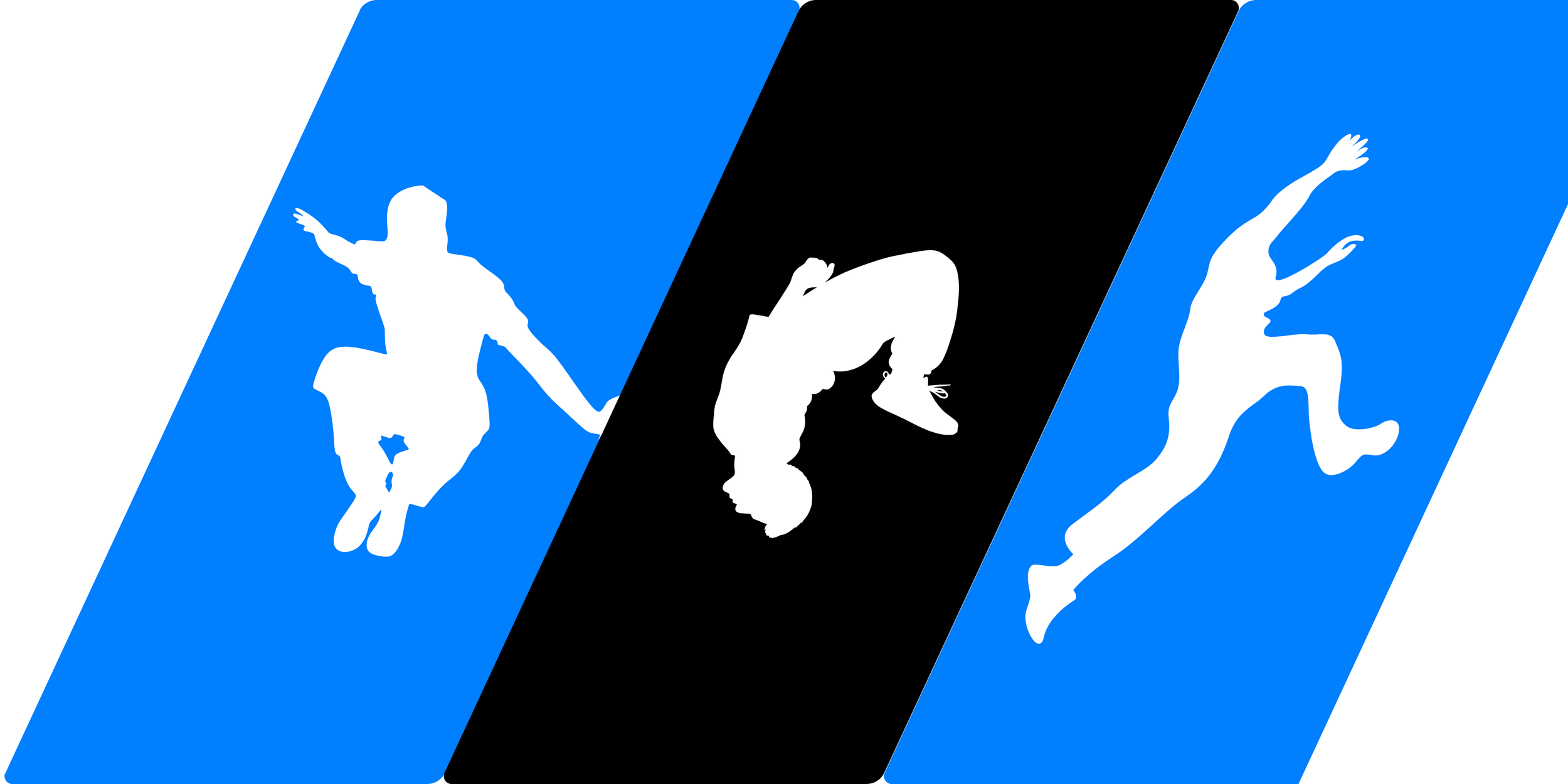 White silhouettes of three parkour athletes performing on blue and black diagonal panels