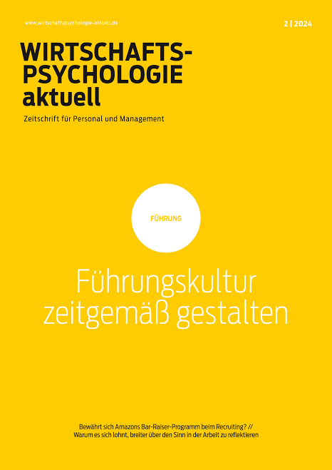 Titelseite einer Zeitschrift mit dem Titel 'Wirtschaftspsychologie aktuell'. Das Thema ist 'Führungskultur zeitgemäß gestalten' auf gelbem Hintergrund. Ausgabe 2/2024.
