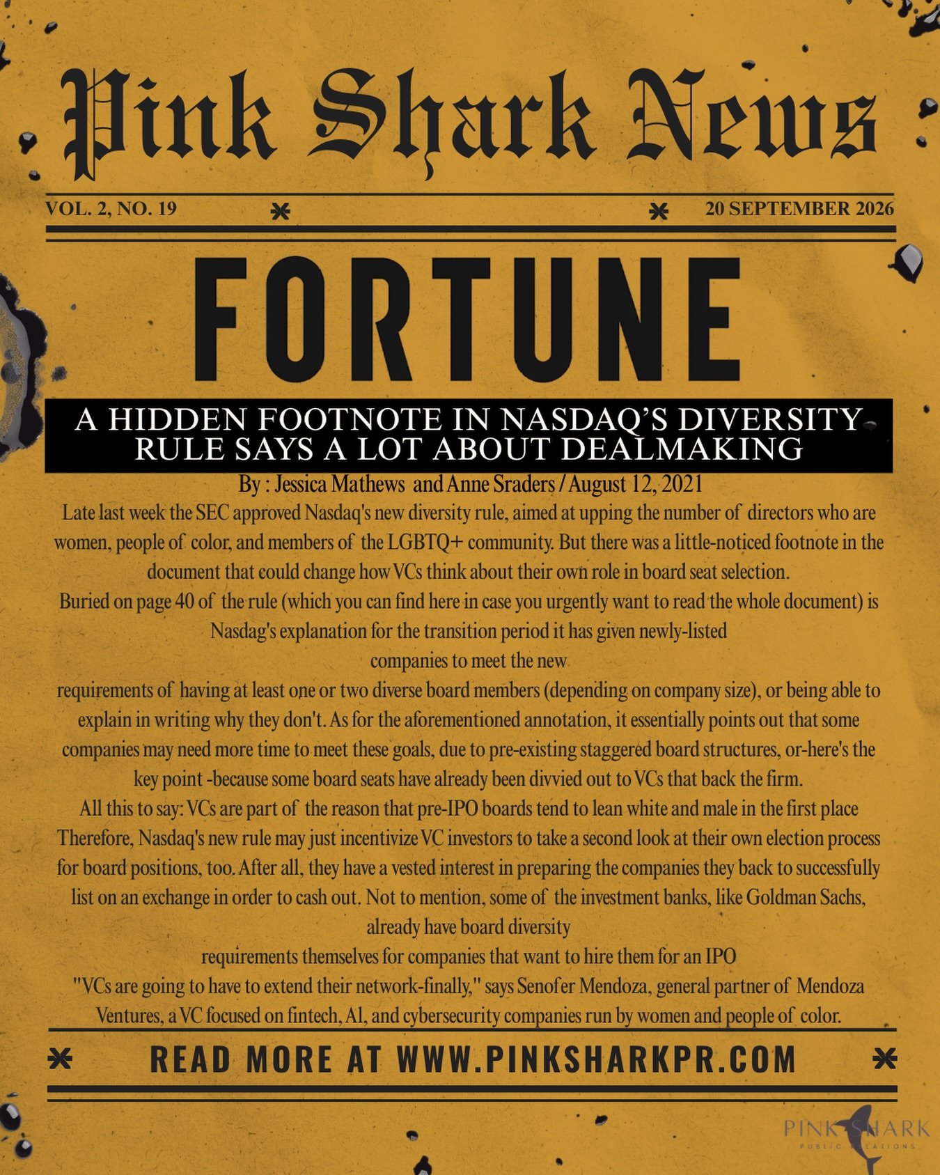 The SEC approved NASDAQ&rsquo;s new diversity rule, and @fortunemag reached out to get mendozaventures thoughts on the development. As a leading VC for tech startups run by women and people of color, Senofer Mendoza was happy to chat about this groun