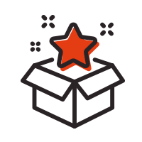 A star-shaped object emerging from an open box with decorative elements around it.