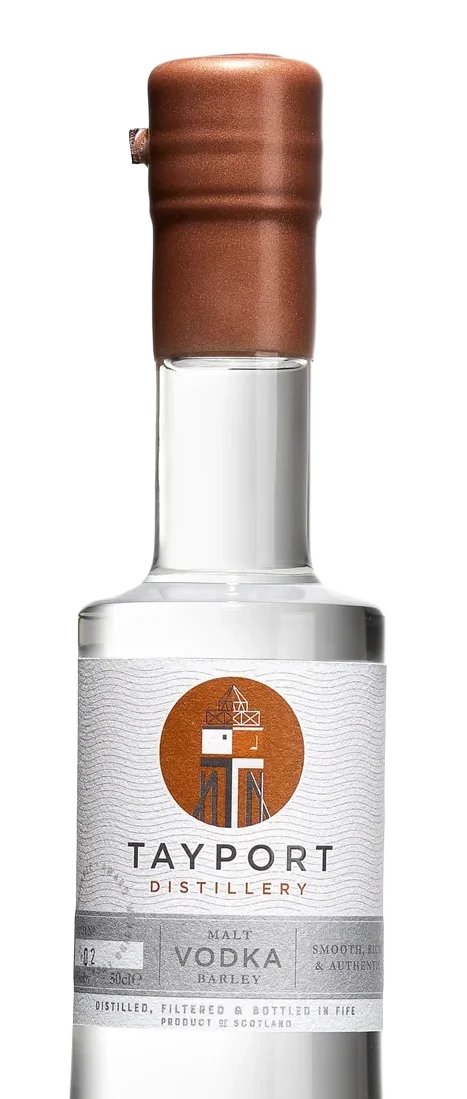 A clear glass bottle of Tayport Distillery malt vodka with a copper-colored cap and label, featuring a logo with a crane and stylized text.