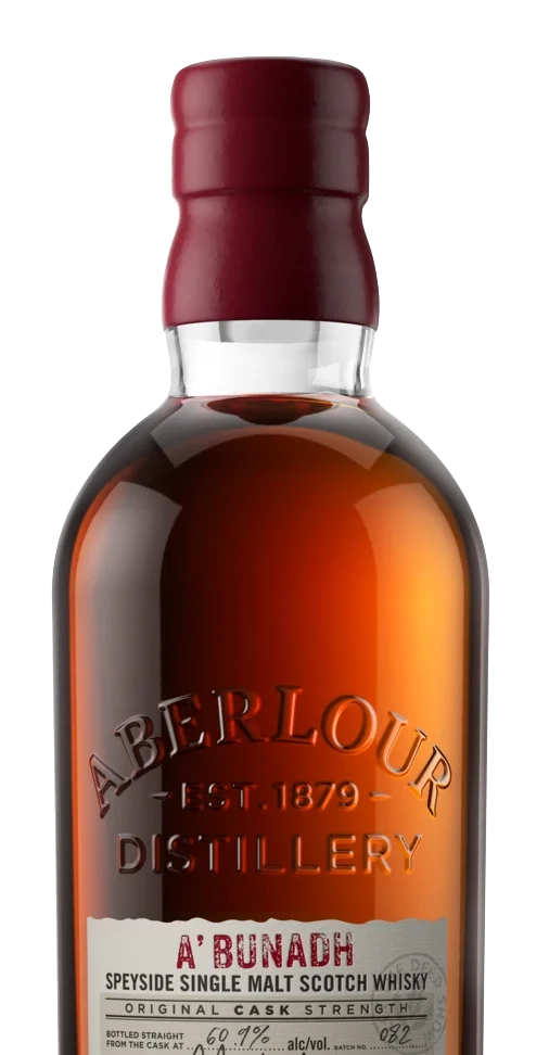 Bottle of Aberlour A' Bunadh single malt Scotch whisky with a red cap and a detailed embossed label.