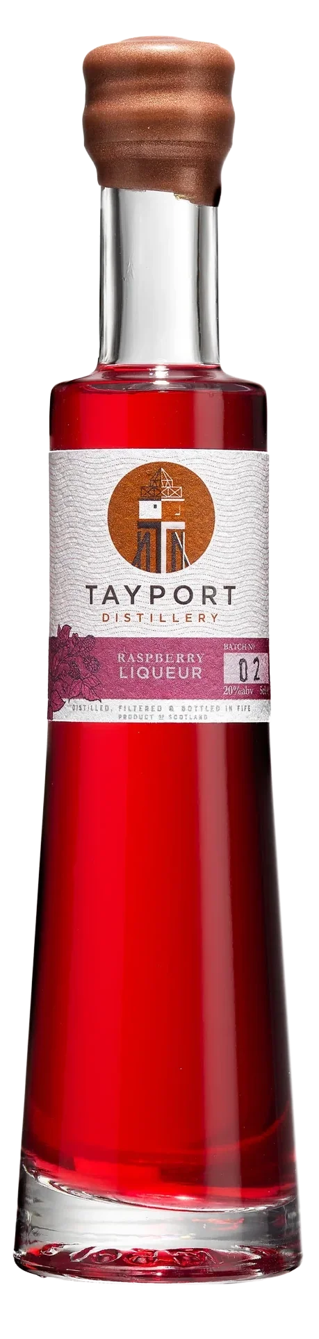 A glass bottle of Tayport Raspberry Liqueur with a chocolate-colored top, containing a bright red liquid, and a white label with orange, black, and pink accents.