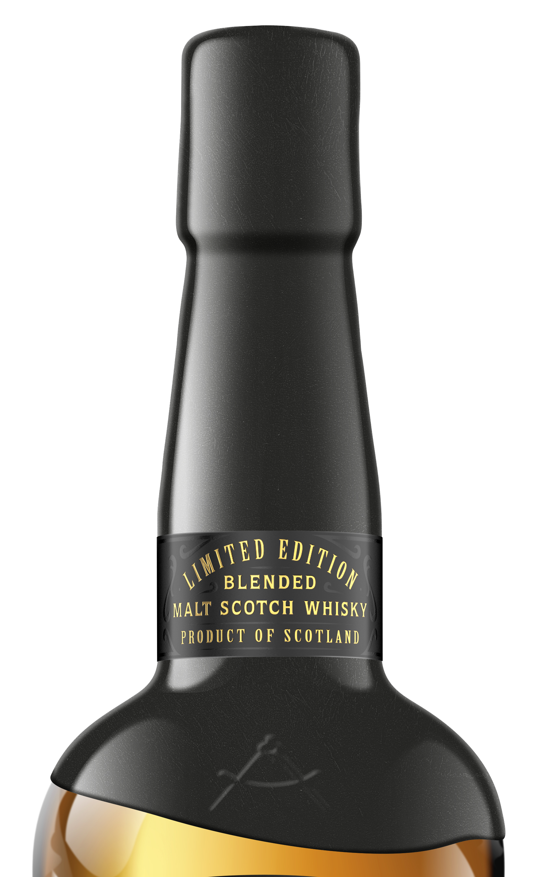 Close-up of a black bottle of limited edition blended malt Scotch whisky with a gold label reading 'Limited Edition Blended Malt Scotch Whisky Product of Scotland'.
