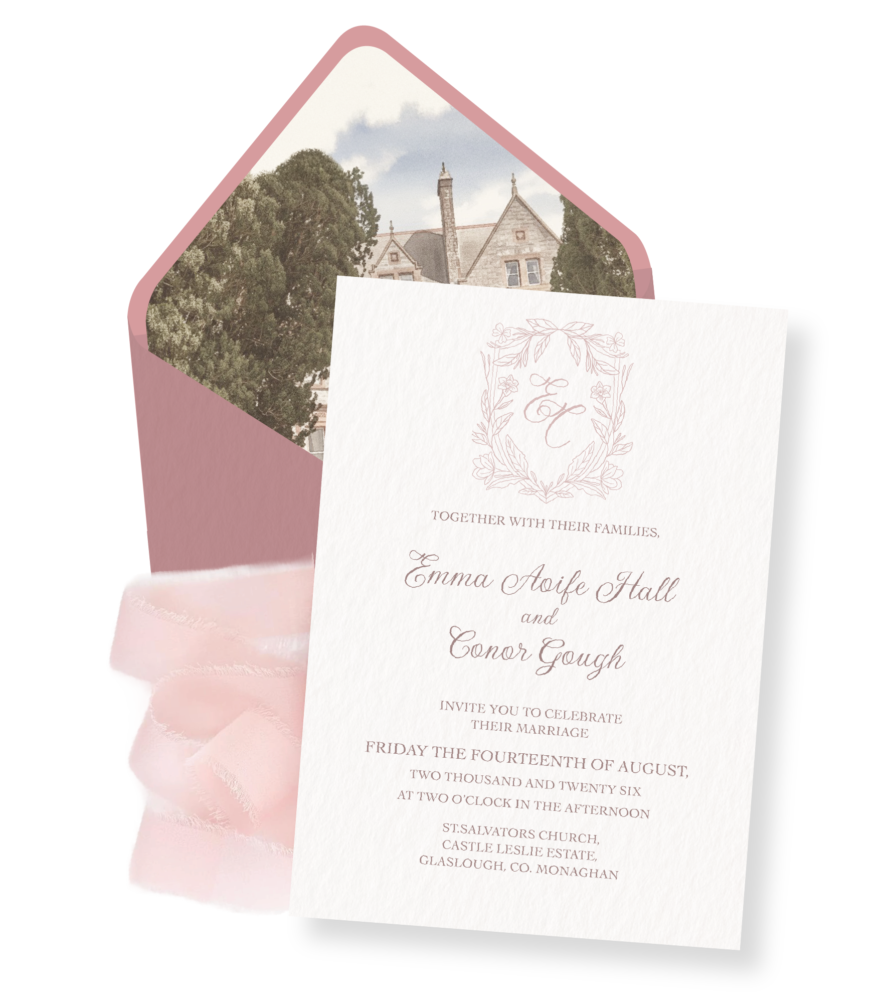 Wedding invitation card with wedding details, surrounded by pink and white envelopes. Bridgeton Theme pink bow wedding save the dates